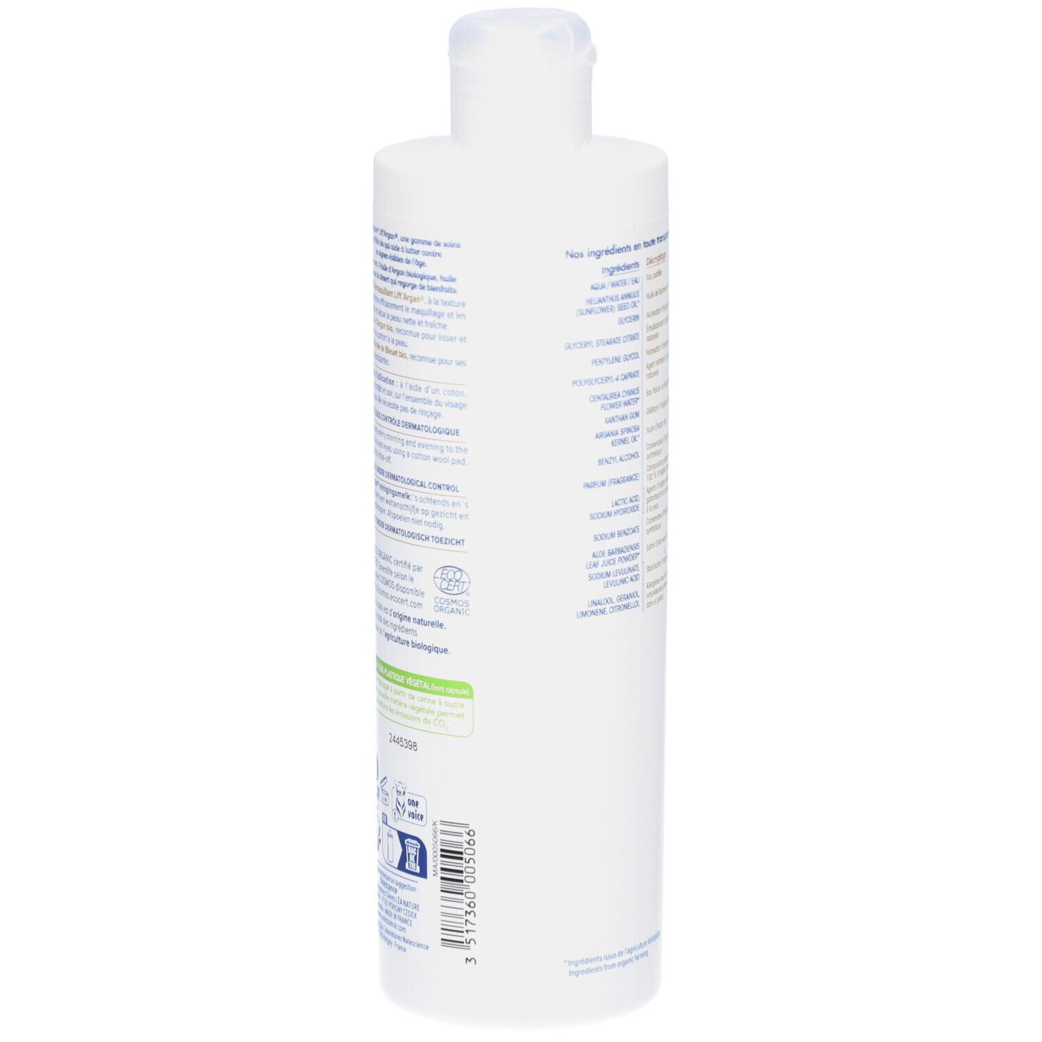 Rückseite einer weißen Flasche. Text in französischer Sprache. Produktinformationen und Zertifizierungen.