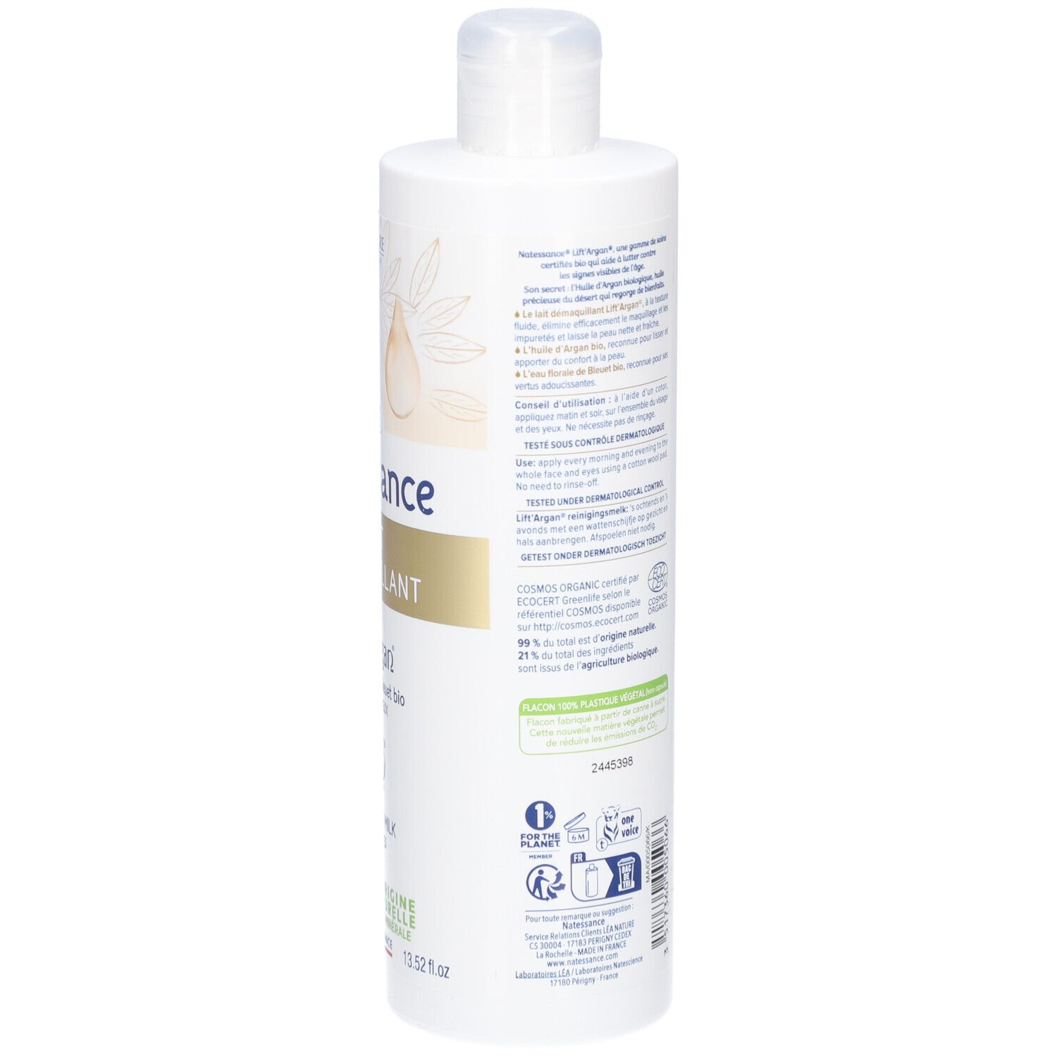 Rückseite einer weißen Flasche. Text in französischer Sprache. Produktinformationen und Zertifizierungen.