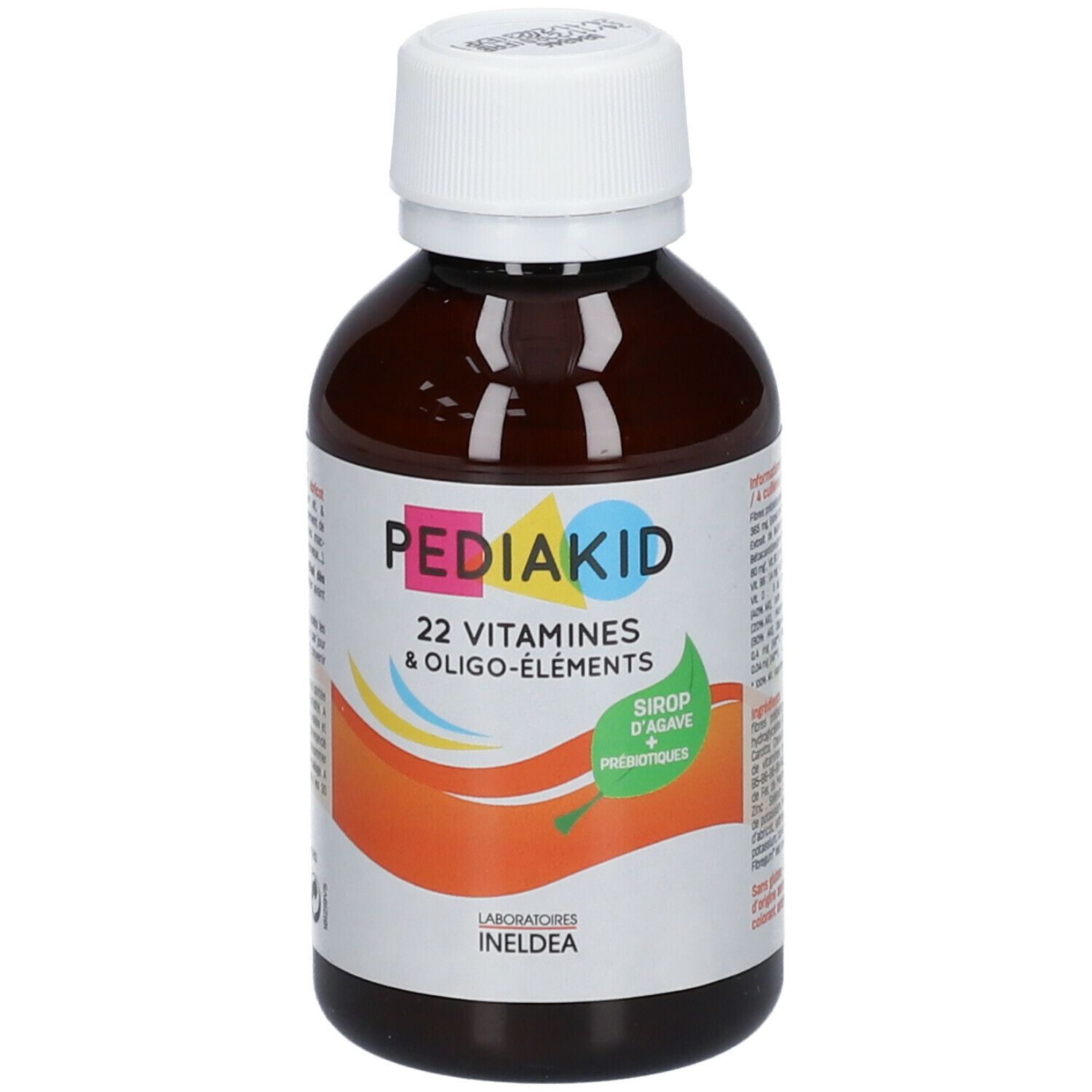 Flacon marron avec bouchon blanc. Inscription : PEDIAKID 22 Vitamines & Oligo-éléments. Avec sirop d'agave et prébiotiques.