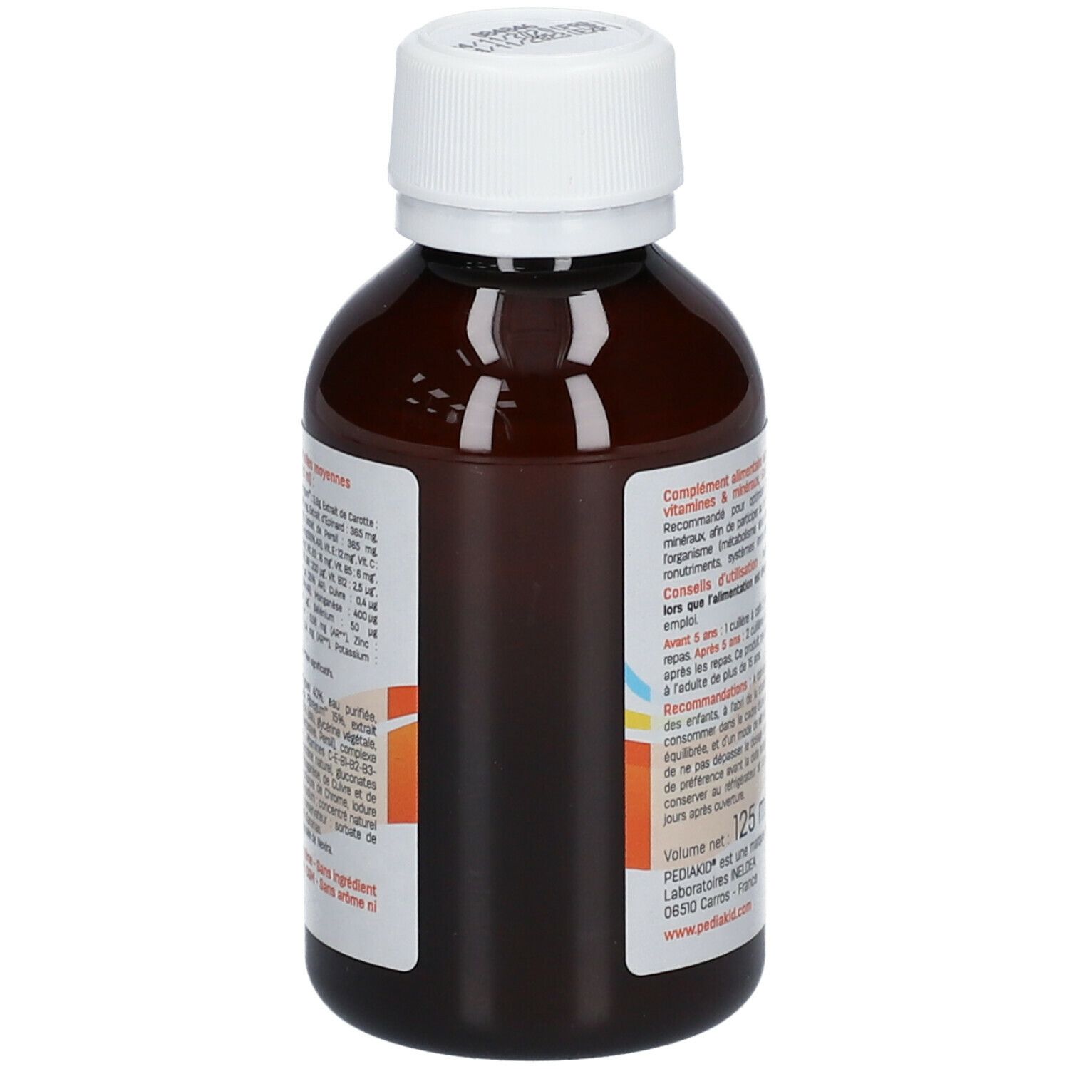 Flacon marron avec bouchon blanc. Inscription : PEDIAKID 22 Vitamines & Oligo-éléments. Avec sirop d'agave et prébiotiques.