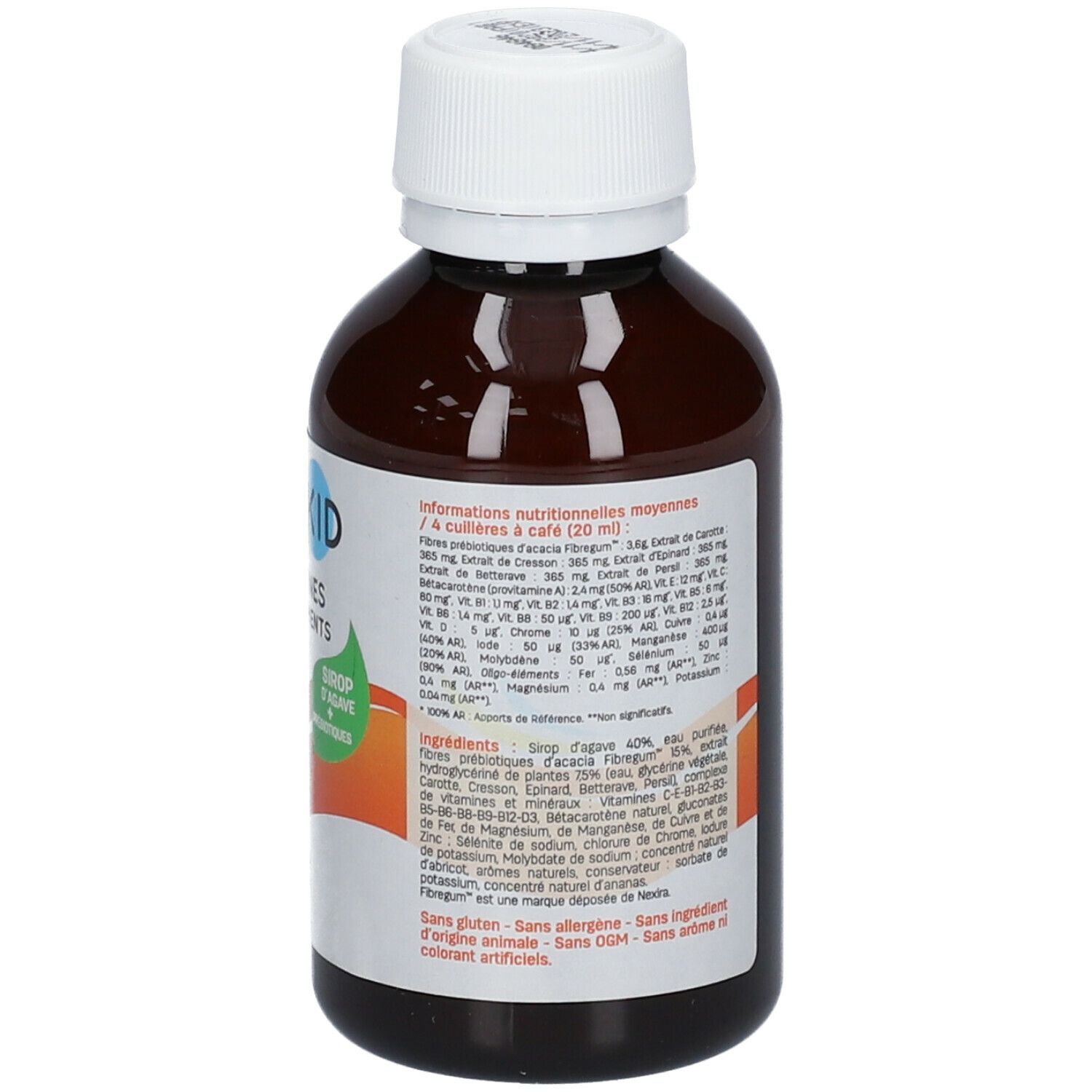 Flacon marron avec bouchon blanc. Inscription : PEDIAKID 22 Vitamines & Oligo-éléments. Avec sirop d'agave et prébiotiques.