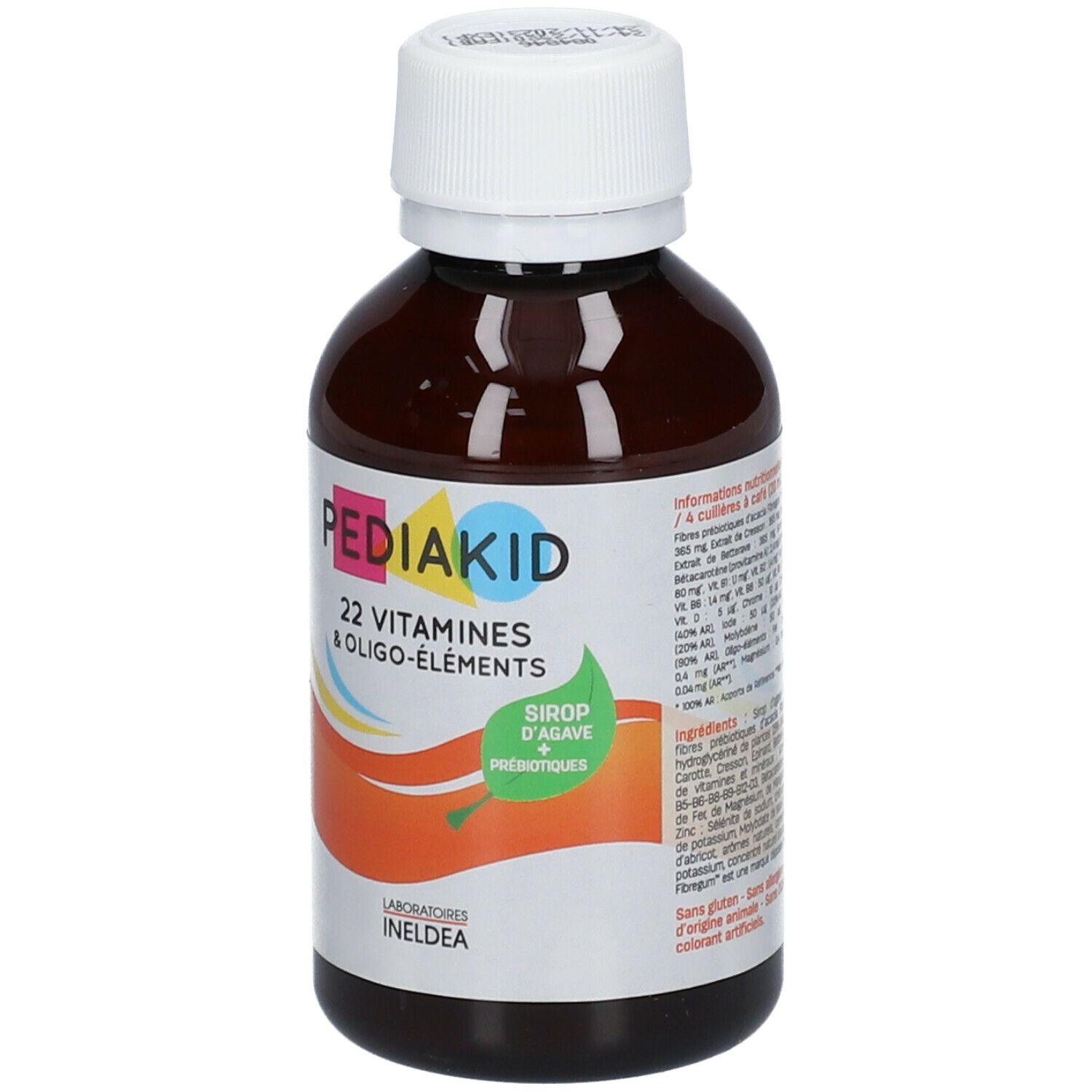 Flacon marron avec bouchon blanc. Inscription : PEDIAKID 22 Vitamines & Oligo-éléments. Avec sirop d'agave et prébiotiques.