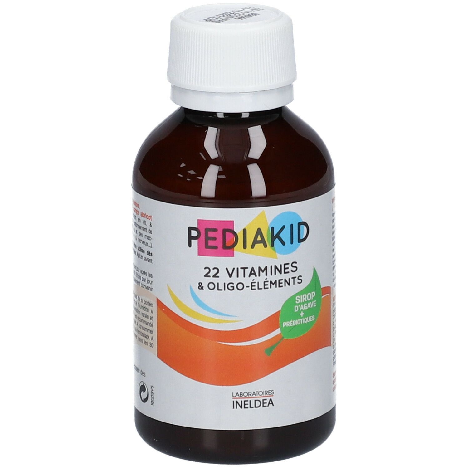 Flacon marron avec bouchon blanc. Inscription : PEDIAKID 22 Vitamines & Oligo-éléments. Avec sirop d'agave et prébiotiques.