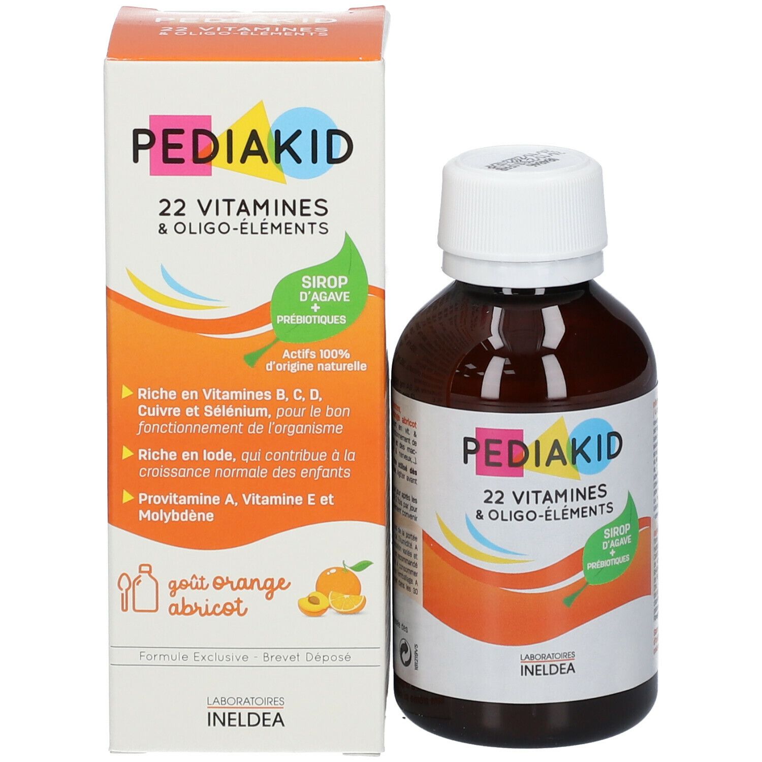 Flacon marron avec bouchon blanc et emballage. Inscription : PEDIAKID 22 Vitamines & Oligo-éléments. Goût orange abricot.