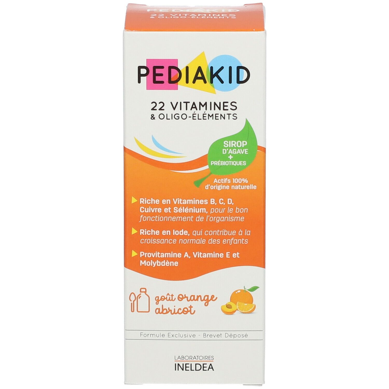 Emballage avec inscription : PEDIAKID 22 Vitamines & Oligo-éléments. Goût orange abricot. Avec sirop d'agave et prébiotiques.