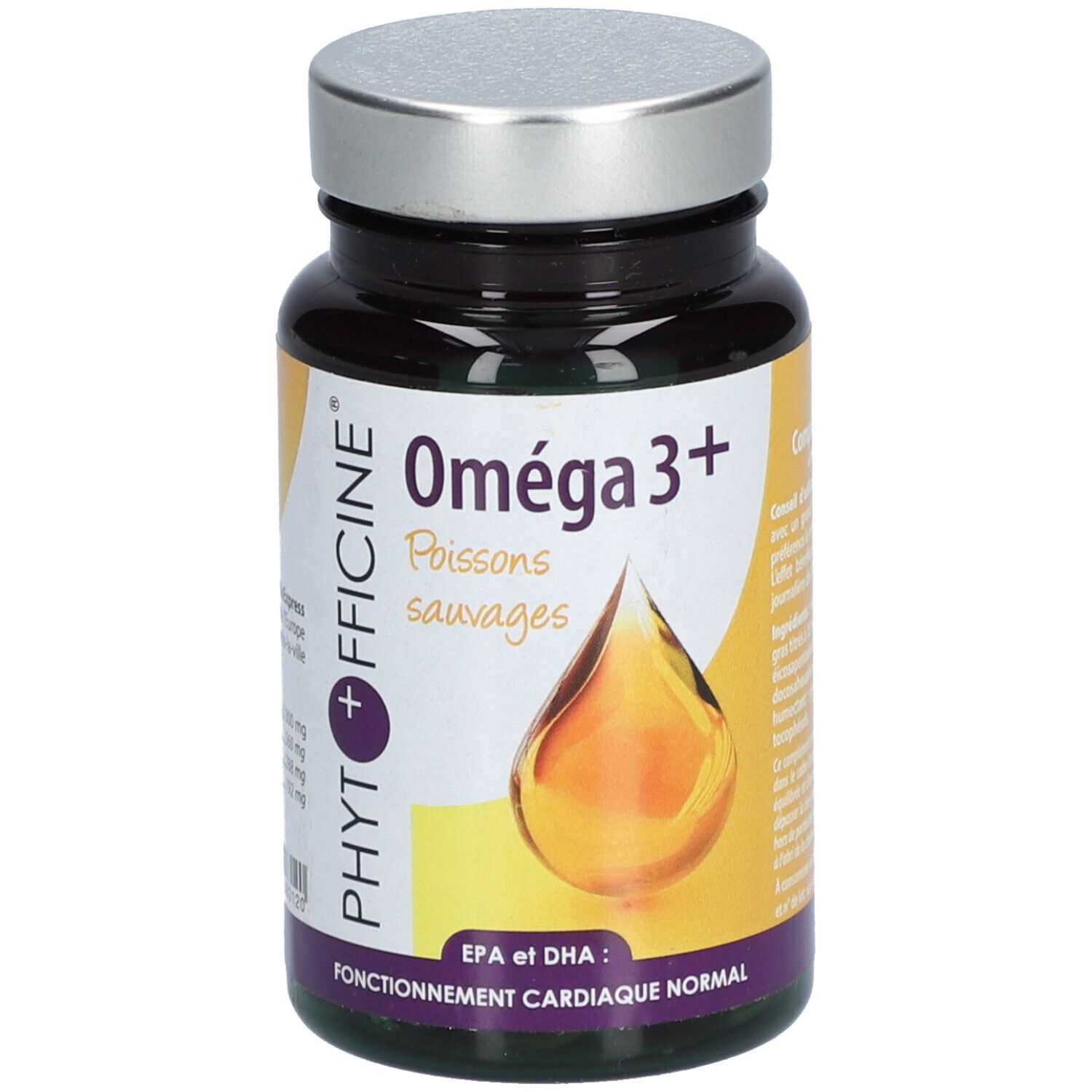 Braune Kapsel-Dose mit silbernem Deckel. Aufschrift: Oméga 3+ und Phytofficine. Abbildung eines Tropfens. EPA et DHA.