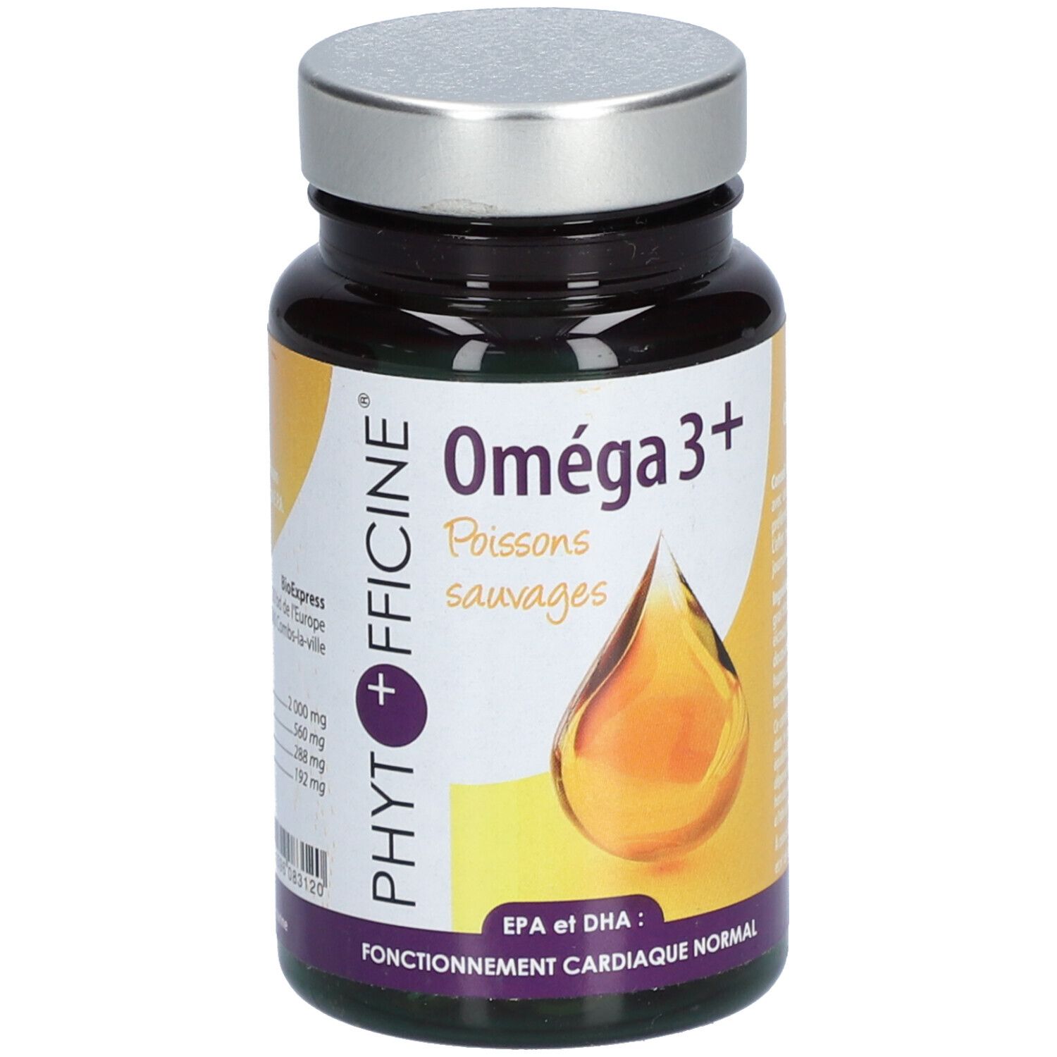 Braune Kapsel-Dose mit silbernem Deckel. Aufschrift: Oméga 3+ und Phytofficine. Abbildung eines Tropfens. EPA et DHA.
