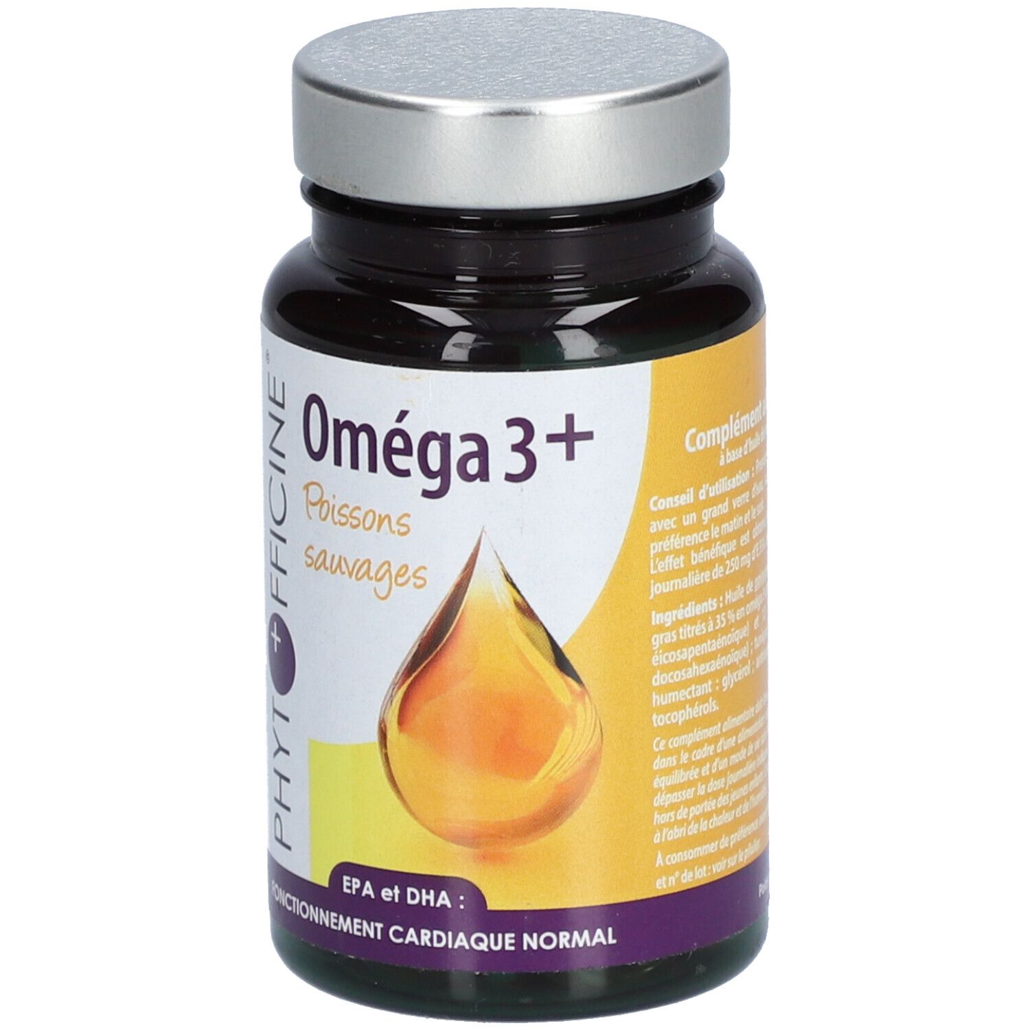 Braune Kapsel-Dose mit silbernem Deckel. Aufschrift: Oméga 3+ und Phytofficine. Abbildung eines Tropfens. EPA et DHA.