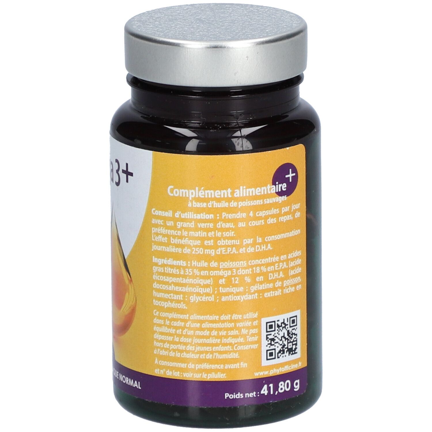 Braune Kapsel-Dose mit silbernem Deckel. Aufschrift: Oméga 3+ und Phytofficine. Text mit Anwendungshinweisen. Gewicht: 41,80 g.