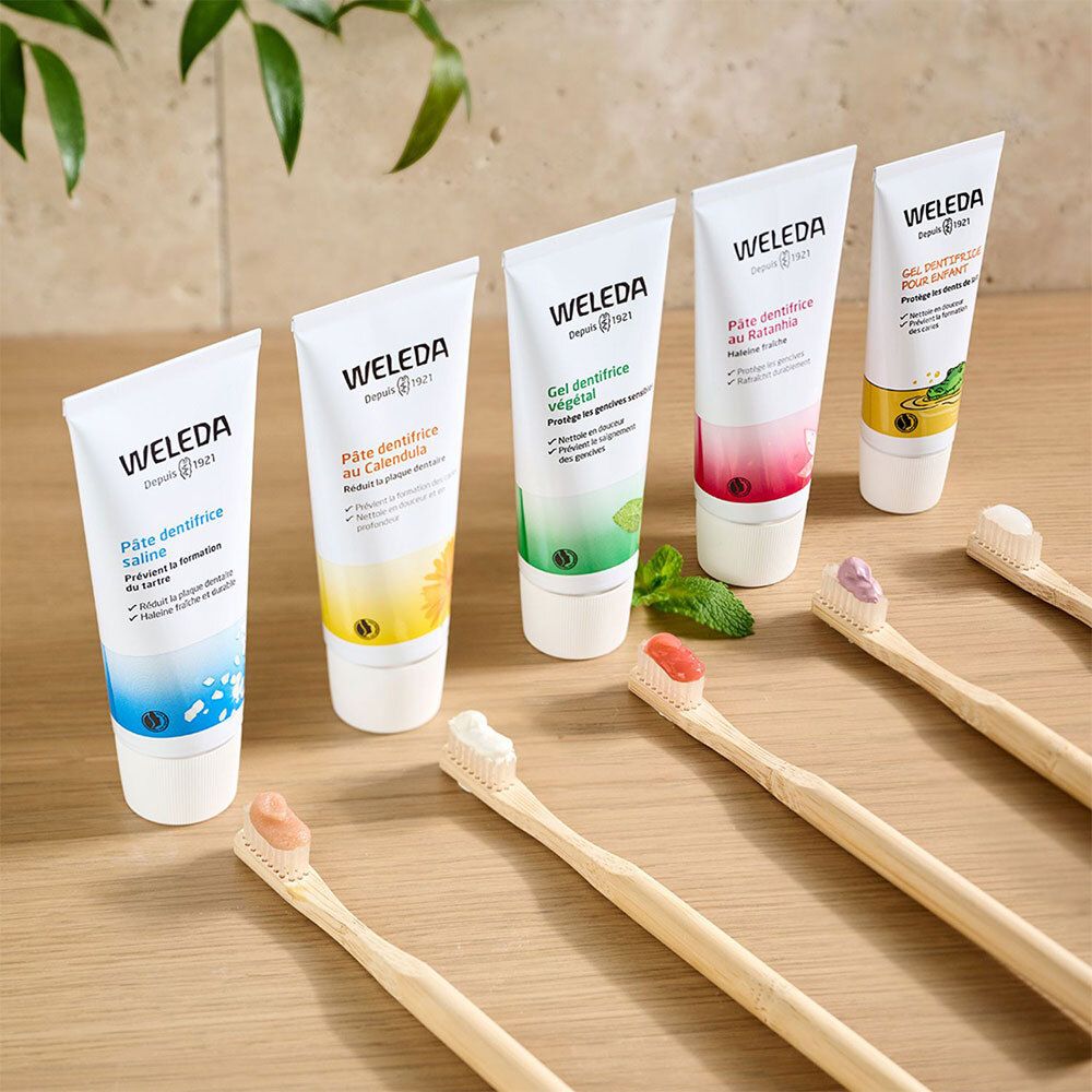 Verschiedene Zahnpasta-Tuben und Zahnbürsten. Aufschrift: WELEDA, Pâte dentifrice. Verschiedene Geschmacksrichtungen.
