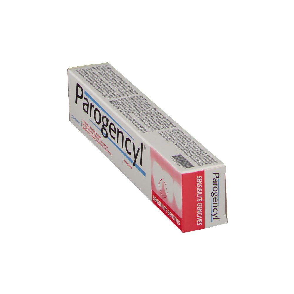 Zahncreme-Verpackung. Weiß, mit Aufschrift Parogencyl. Roter Bereich mit Zahnfleisch-Symbol. Text: Sensibilité Gencives.