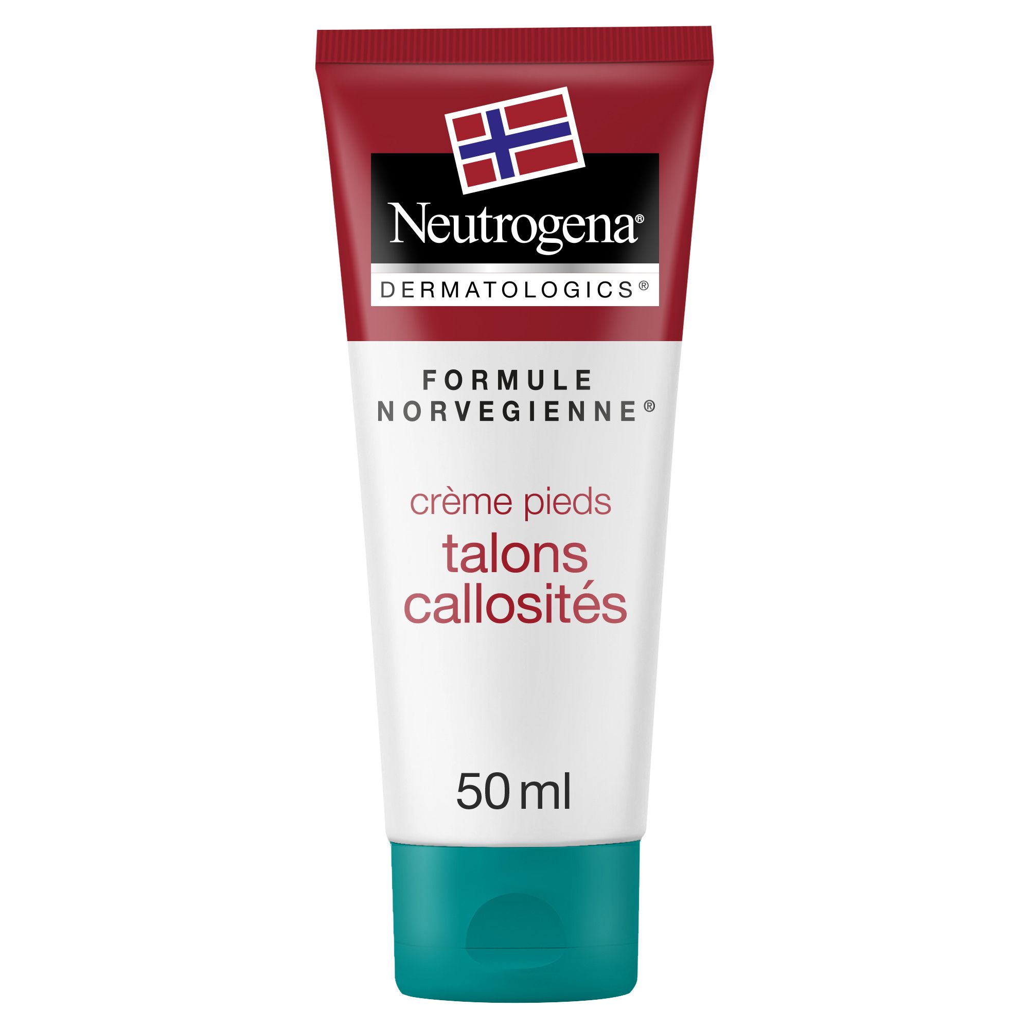 Neutrogena Creme für Füße, Hornhaut. Tube mit rotem Deckel, weißem Körper, blauem Verschluss. 50 ml.