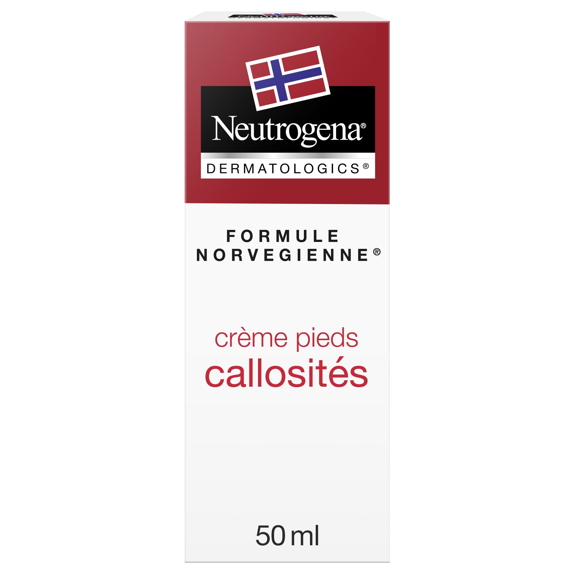 Neutrogena Creme für Füße, Hornhaut. Weiße Schachtel mit rotem Deckel. 50 ml.