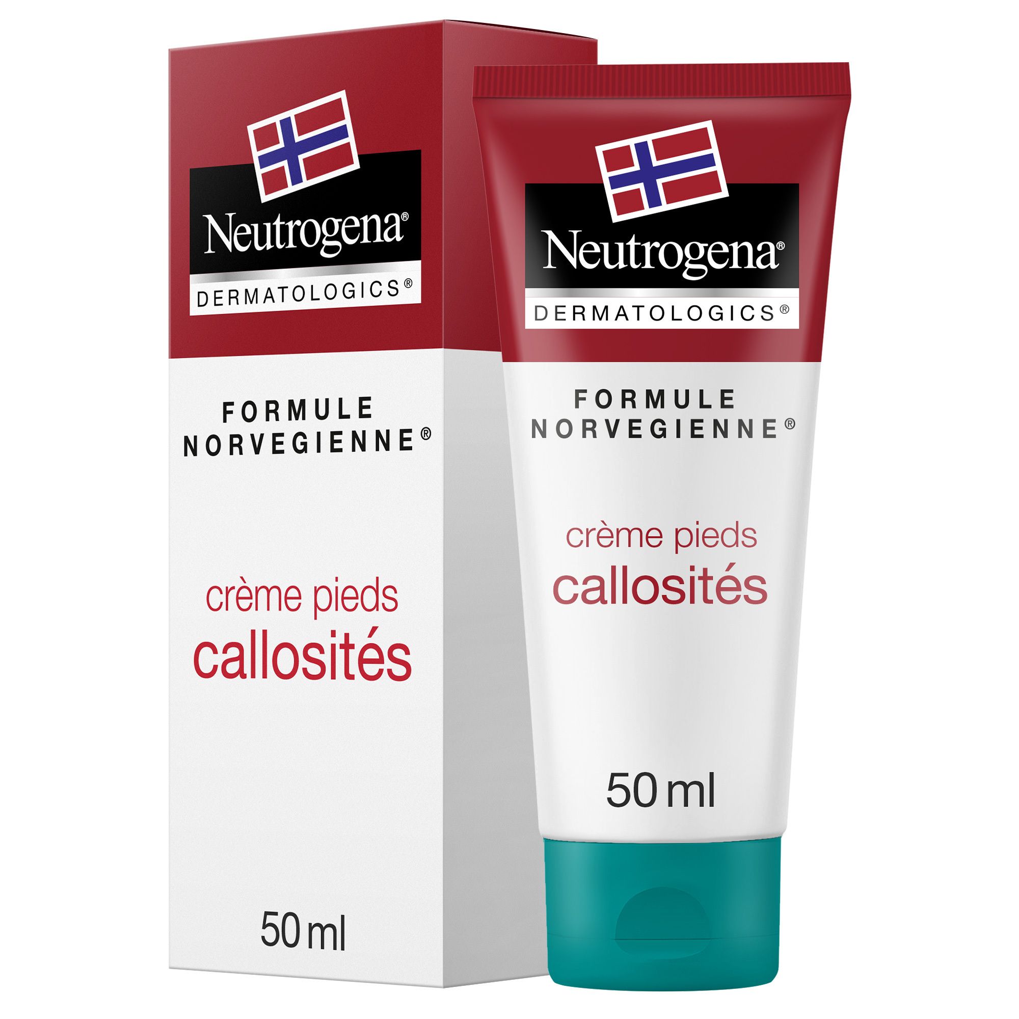 Neutrogena Creme für Füße, Hornhaut. Tube und Schachtel. Rote Deckel, weißer Körper, blauer Verschluss. 50 ml.