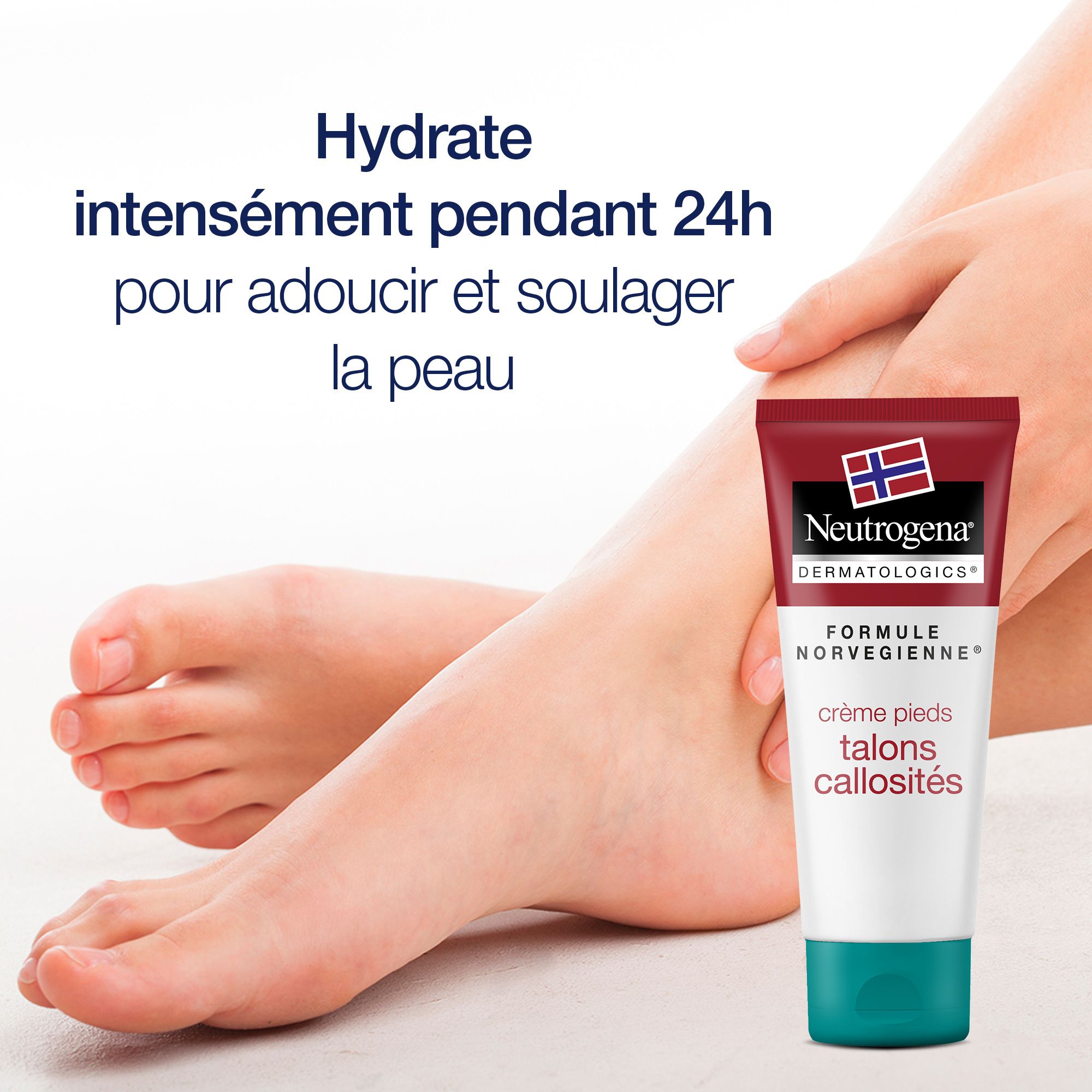 Neutrogena Creme für Füße, Hornhaut. Füße und Tube. Text: Hydratation 24h. Creme für Füße, Hornhaut.