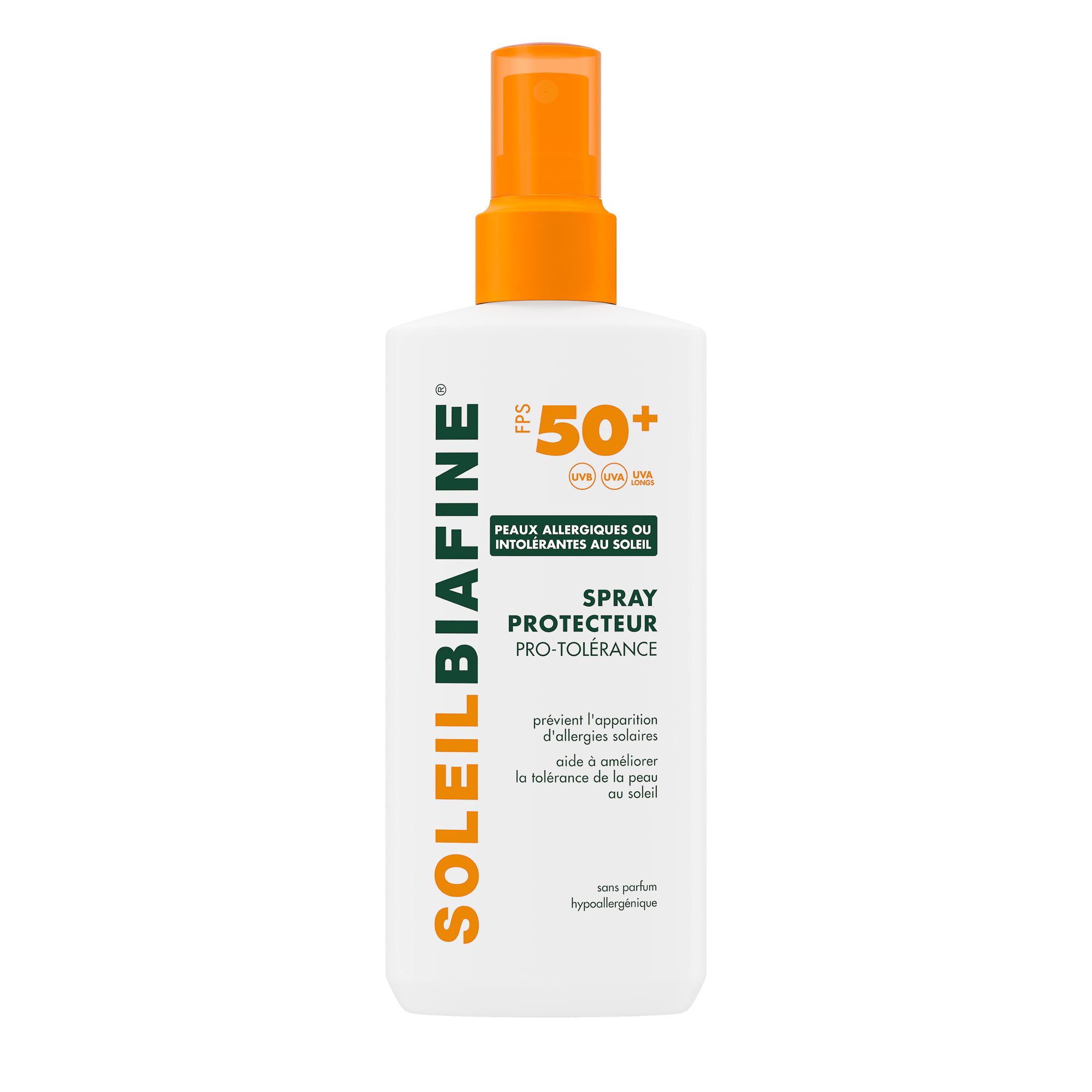 Spray SoleilBiafine blanc avec tête orange. SPF 50+ et texte pour peaux sensibles.