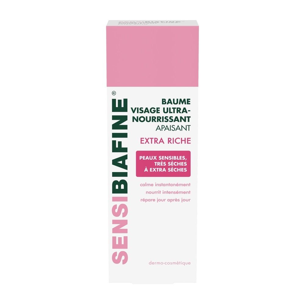 Weißer Karton mit rosa Deckel. Aufschrift: SensiBiafine, Baume Visage Ultra-Nourrissant, Extra Riche. Für sensible, sehr trockene Haut.