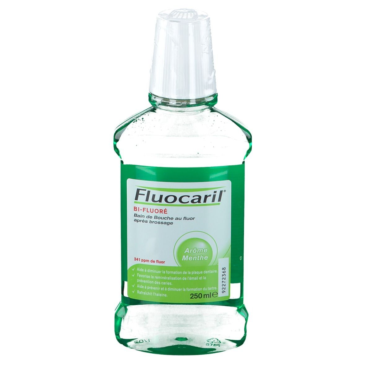 Mundspülung-Flasche mit grünem Etikett. Aufschrift: Fluocaril, Bi-Fluoré, Aroma Menthe. Transparente Flüssigkeit.
