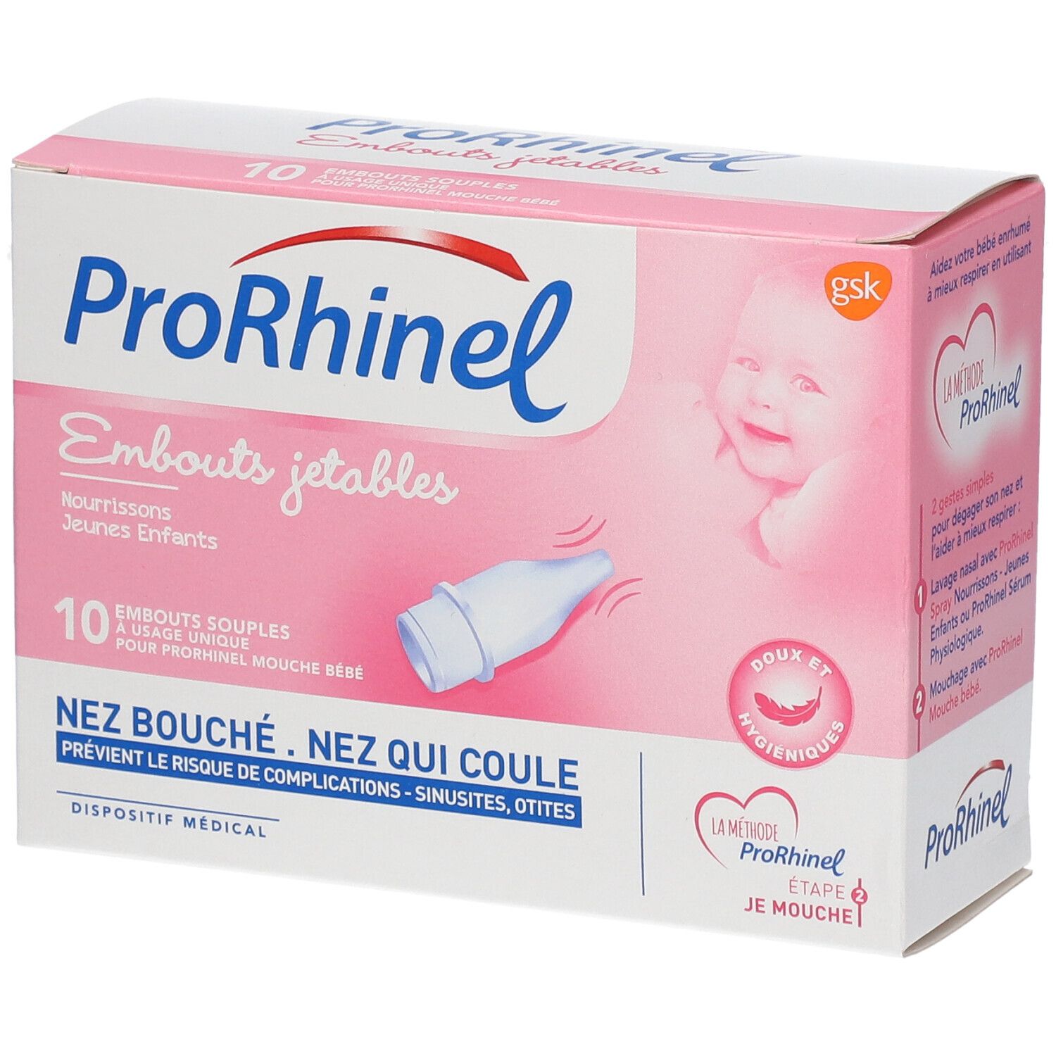 ProRhinel Packung mit 10 Einweg-Nasenaufsätzen für Babys und Kleinkinder. Rosa-weiße Verpackung mit Produktname und Babyfoto.