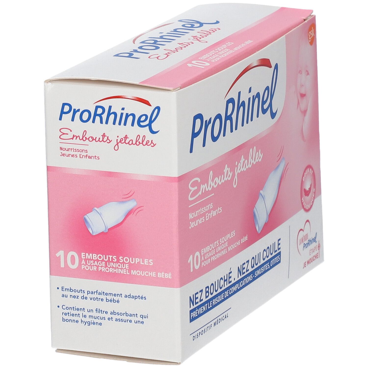 ProRhinel-Verpackung, schräg. Zeigt Produktname, 10 Einweg-Nasenaufsätze und ein Nasenaufsatz-Symbol. Rosa-weiße Verpackung.