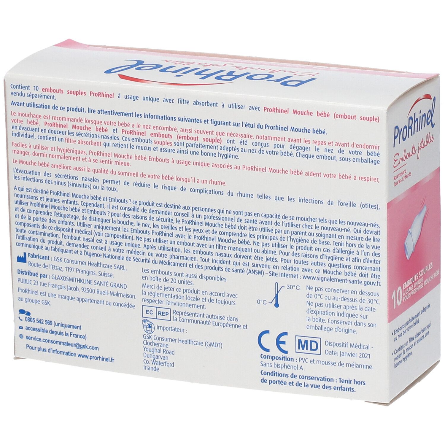 Rückseite der ProRhinel-Verpackung. Enthält Informationen zu den Einweg-Nasenaufsätzen, Inhaltsstoffen und Gebrauchsanweisung. Rosa-weiße Verpackung.