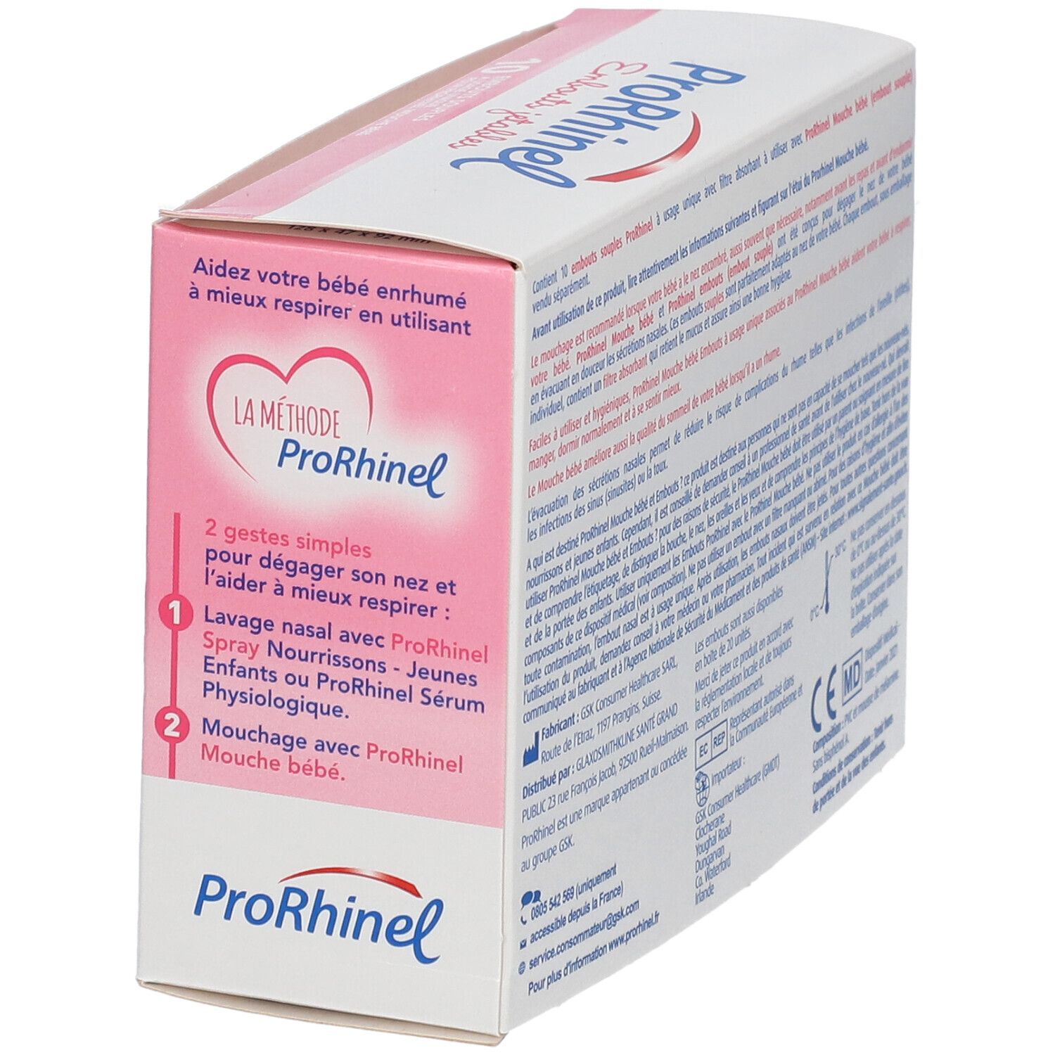 Seite der ProRhinel-Verpackung. Zeigt Informationen zur Anwendung, einschließlich der Schritte zur Nasenreinigung. Rosa-weiße Verpackung.