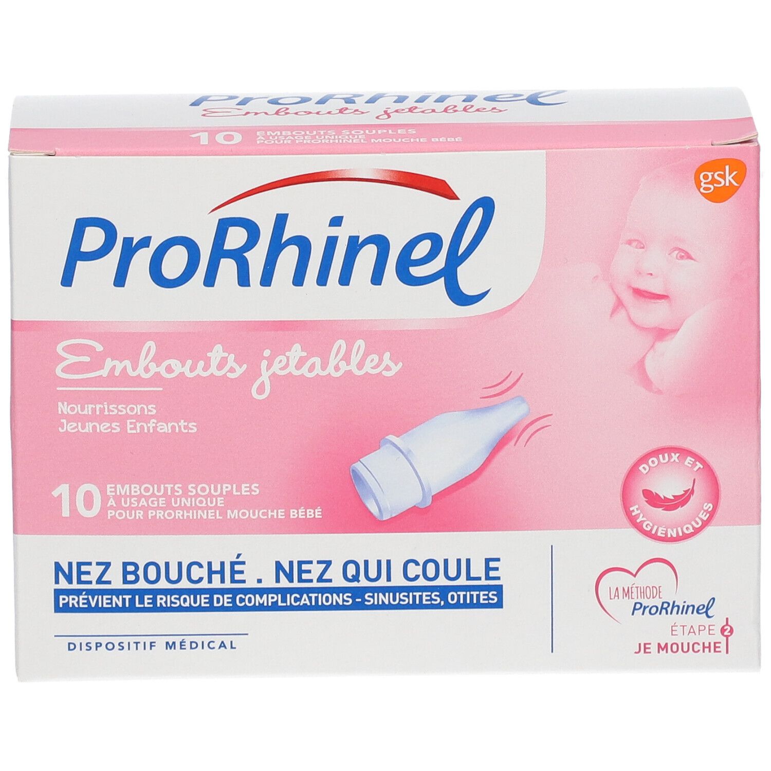 ProRhinel-Verpackung mit 10 Einweg-Nasenaufsätzen. Rosa-weiße Verpackung mit Produktname, Babyfoto und Produktmerkmalen.