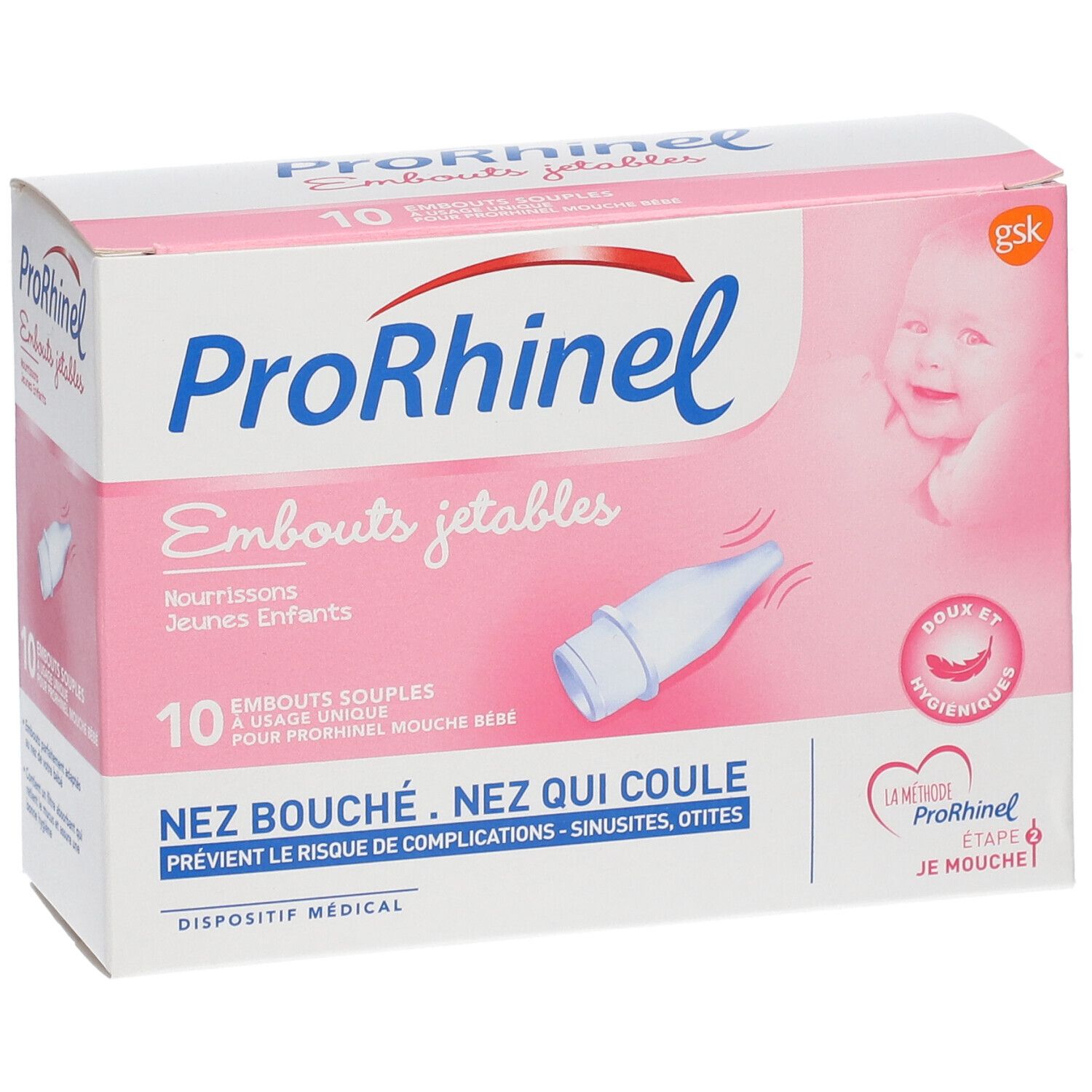 ProRhinel-Verpackung mit 10 Einweg-Nasenaufsätzen. Rosa-weiße Verpackung mit Produktname, Babyfoto und Produktmerkmalen.