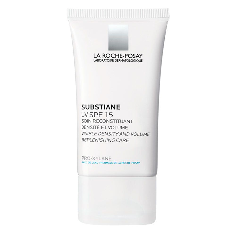 Weiße Tube mit Produkt. Aufschrift: SUBSTIANE UV SPF 15. Marke: LA ROCHE-POSAY. Text: SOIN RECONSTITUANT, DENSITÉ ET VOLUME.