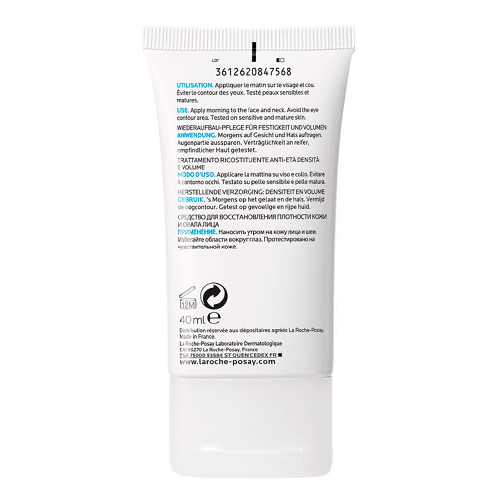 Rückseite der Tube. Text: Anwendungshinweise, Inhaltsstoffe, Herstellerinformationen. Volumen: 40ml. Marke: LA ROCHE-POSAY.