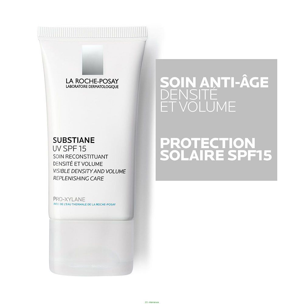Tube mit Produkt und Karte. Aufschrift: SUBSTIANE UV SPF 15. Marke: LA ROCHE-POSAY. Text: SOIN ANTI-ÂGE, PROTECTION SOLAIRE SPF15.