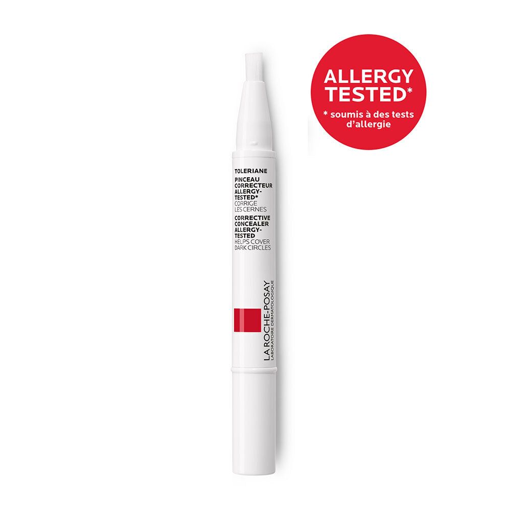 Stylo blanc avec cercle rouge et texte. LA ROCHE-POSAY TOLERIANE Correcteur pour peaux claires.