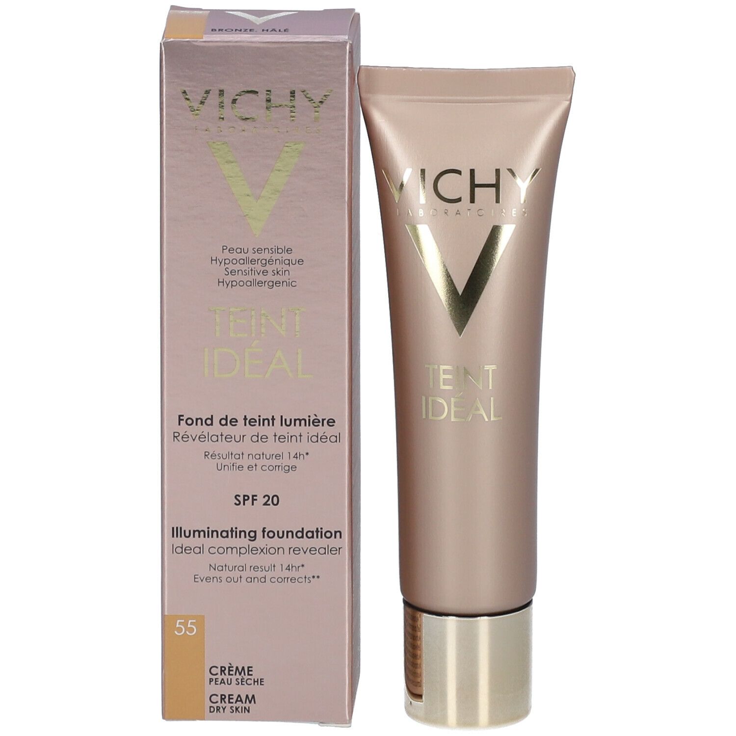 TEINT IDÉAL CRÈME - Fond de teint lumière, crème, SPF 20. n° 55, bronze hâlé - tube 30 ml