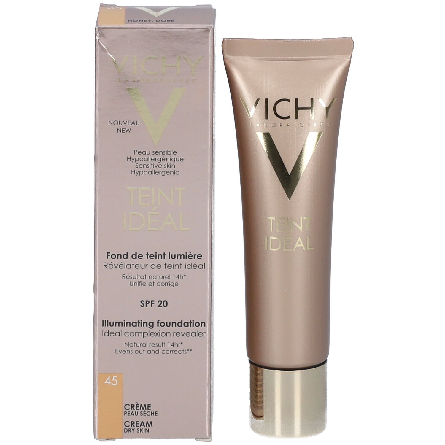 TEINT IDÉAL CRÈME - Fond de teint lumière, crème, SPF 20. n° 45, honey doré - tube 30 ml