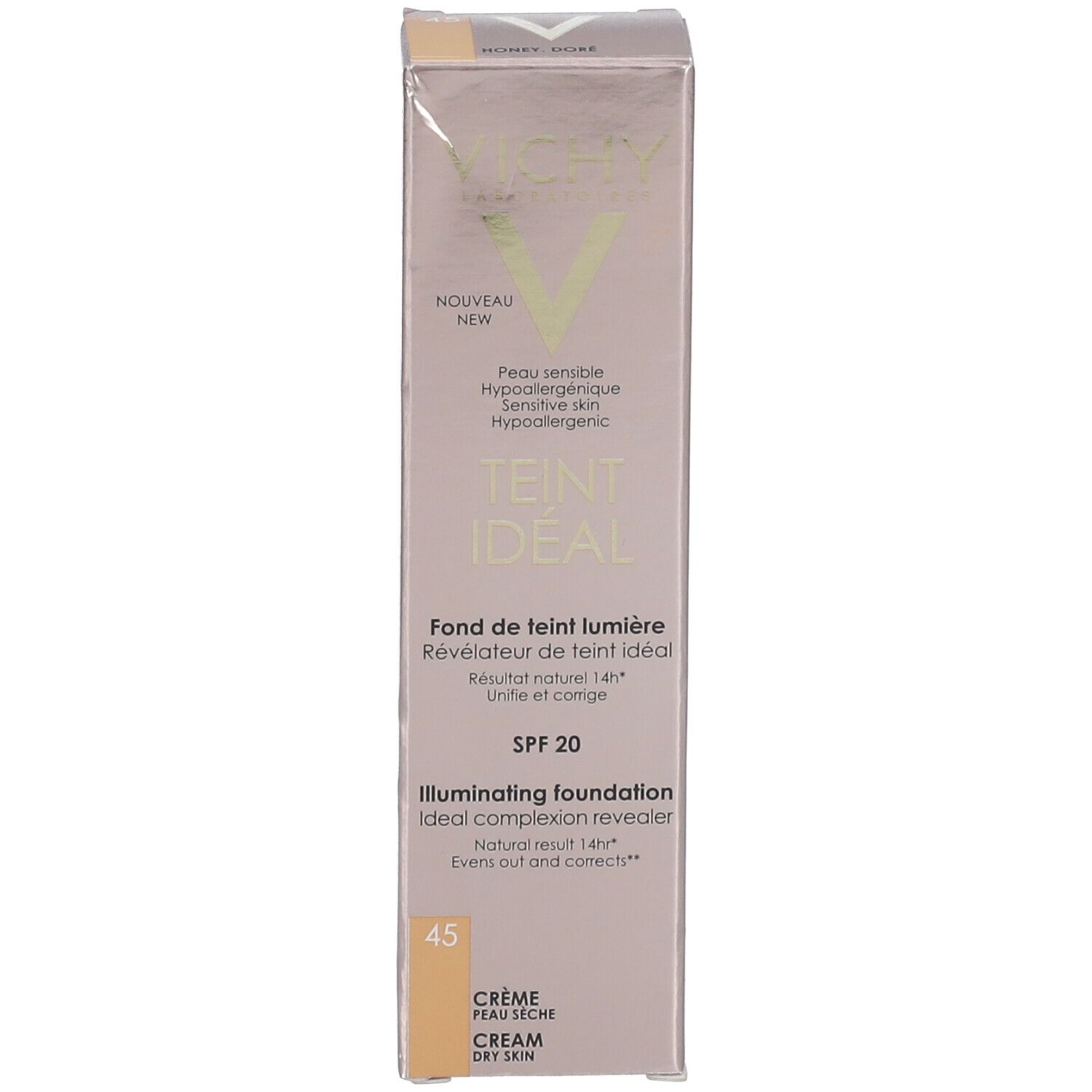 TEINT IDÉAL CRÈME - Fond de teint lumière, crème, SPF 20. n° 45, honey doré - tube 30 ml