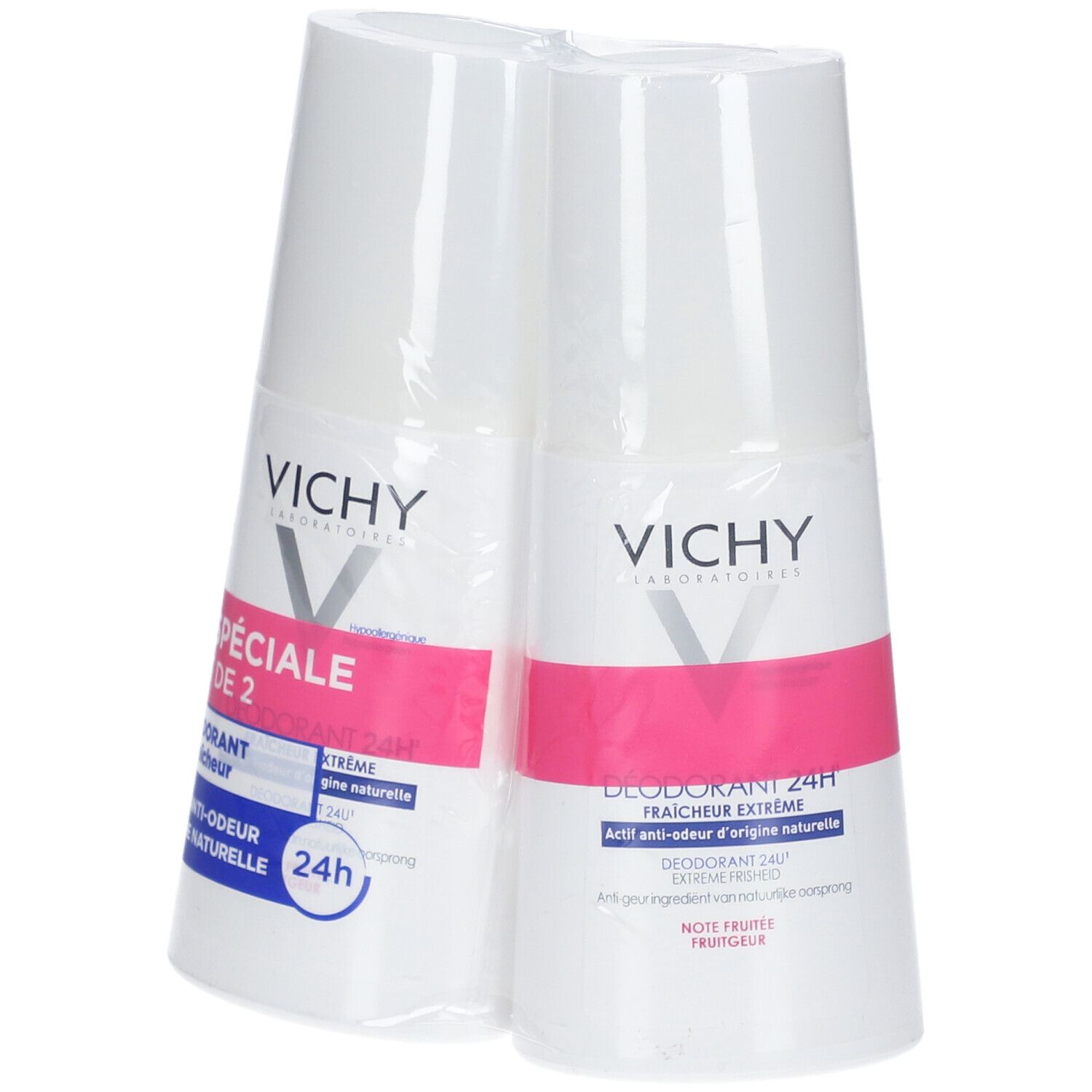 Deux déodorants roll-on emballés. Blanc avec accents roses. Inscription: Vichy, Déodorant 24h Fraicheur Extreme.