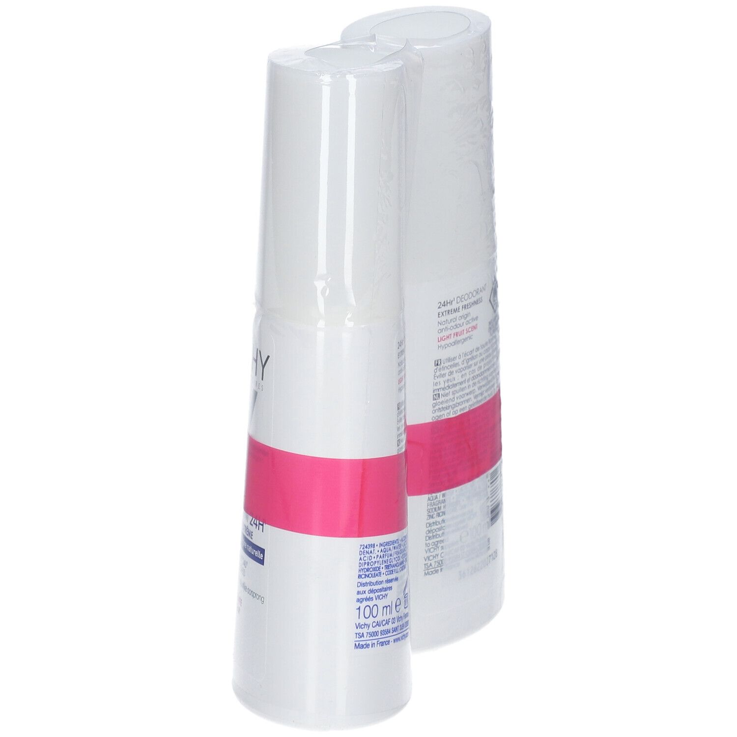 Deux déodorants roll-on emballés. Blanc avec accents roses. Inscription: Vichy, Déodorant 24h Extreme Fraicheur.