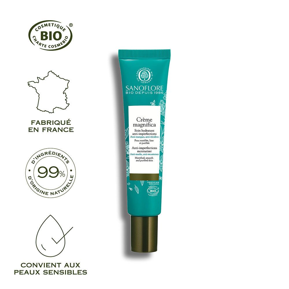 Türkisfarbene Tube mit Creme. Aufschrift: Crème magnifica. Zertifizierungen: Bio, Cosmébio, Fabriqué en France.