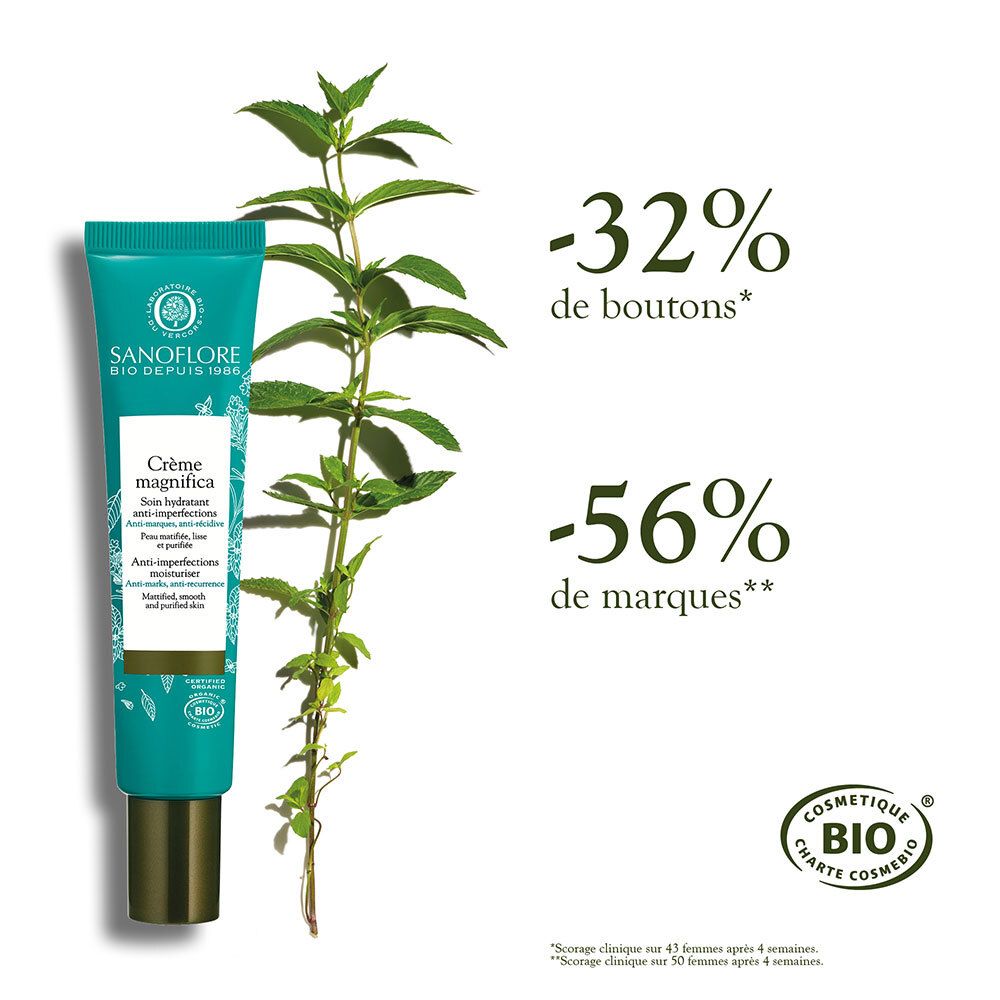 Tube mit Creme und Pflanze. Aufschrift: Crème magnifica. Text: -32% Pickel, -56% Marken. Zertifiziert Bio.