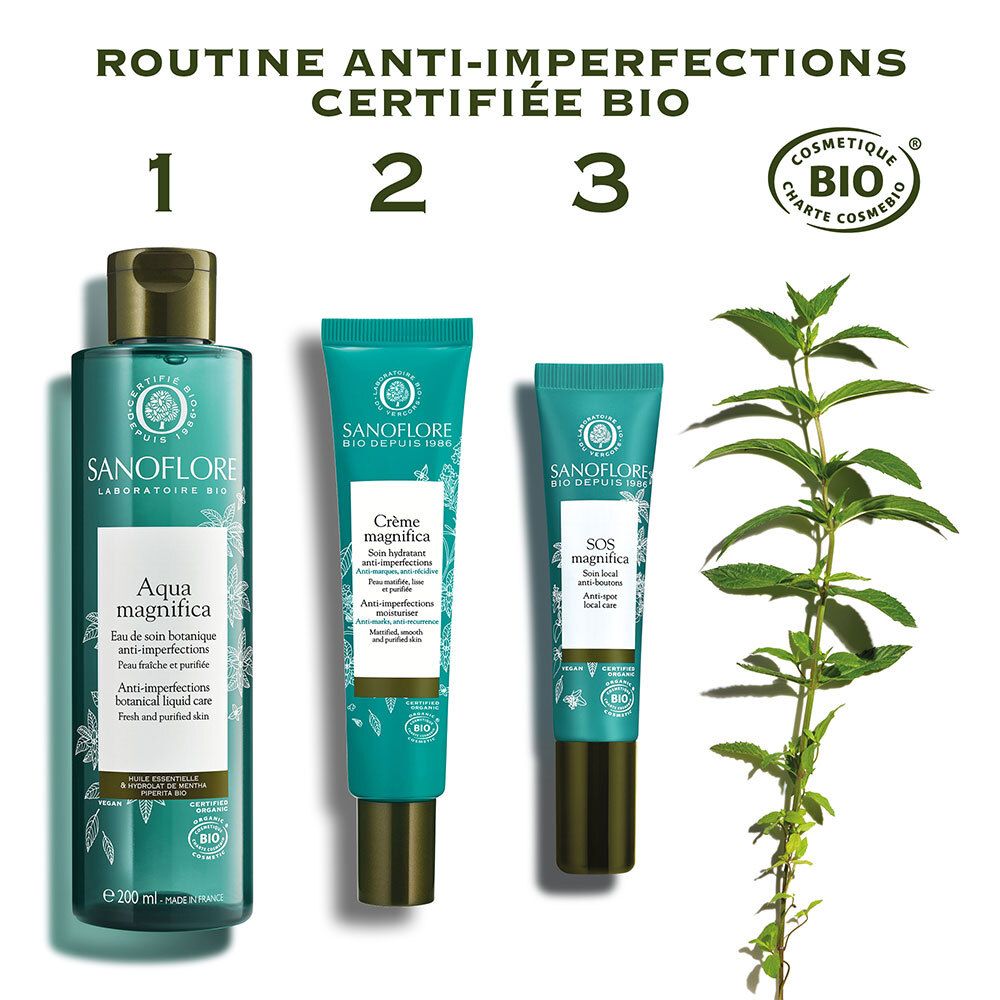 Drei Produkte: Aqua magnifica, Crème magnifica, SOS. Zertifiziert Bio. Pflanze.