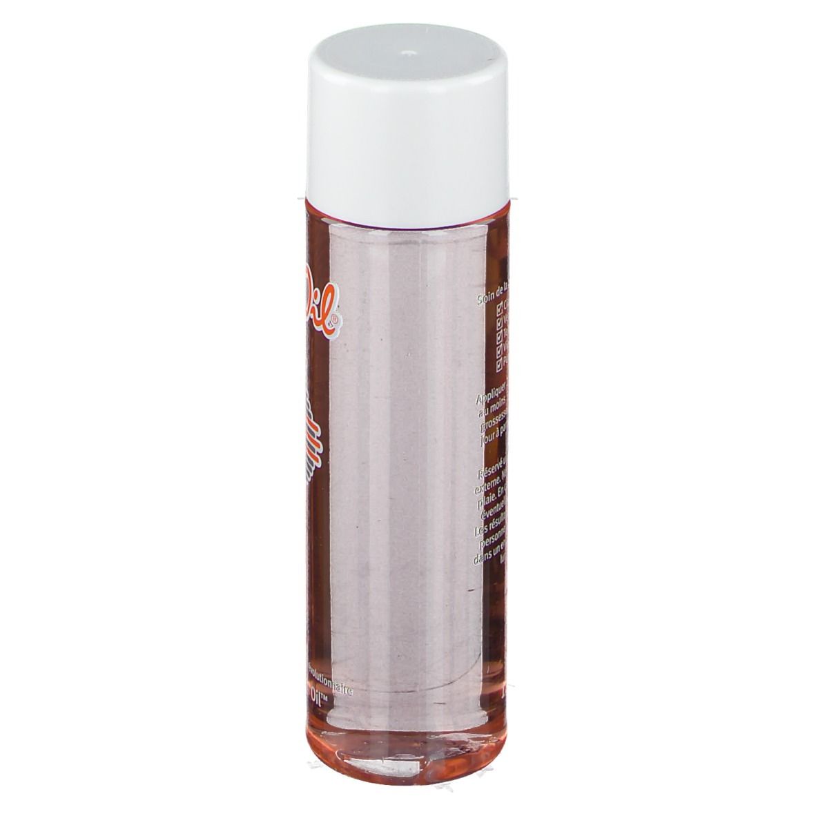 Bi-Oil Flasche. Zylindrische Form, transparente Flüssigkeit, weißer Deckel. Produktetikett teilweise sichtbar.