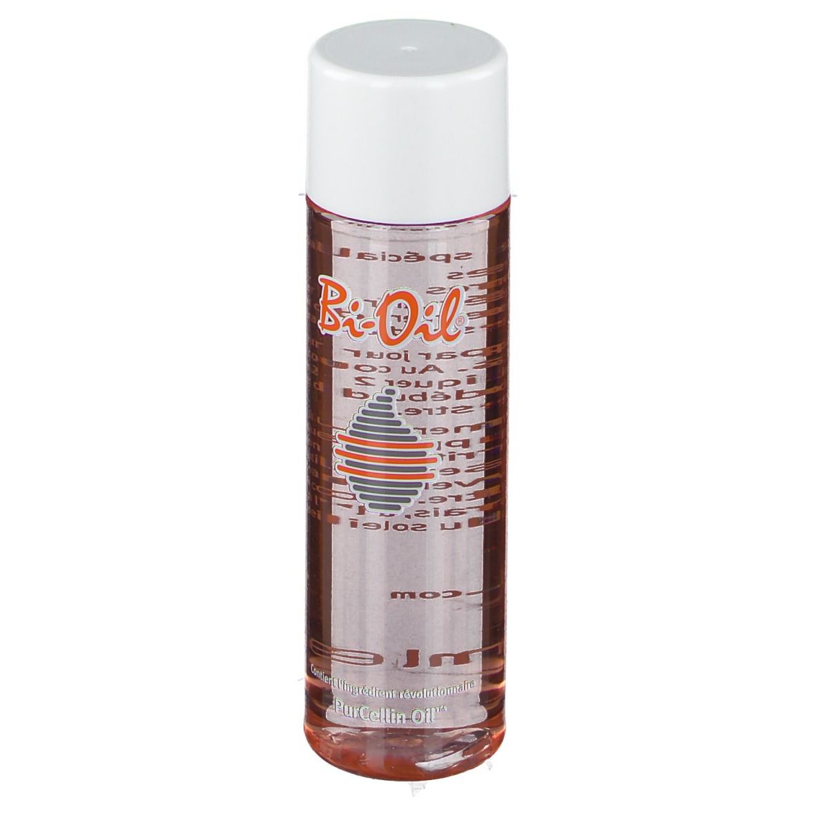 Bi-Oil Flasche. Zylindrische Form, transparente Flüssigkeit, weißer Deckel. Produktetikett sichtbar.