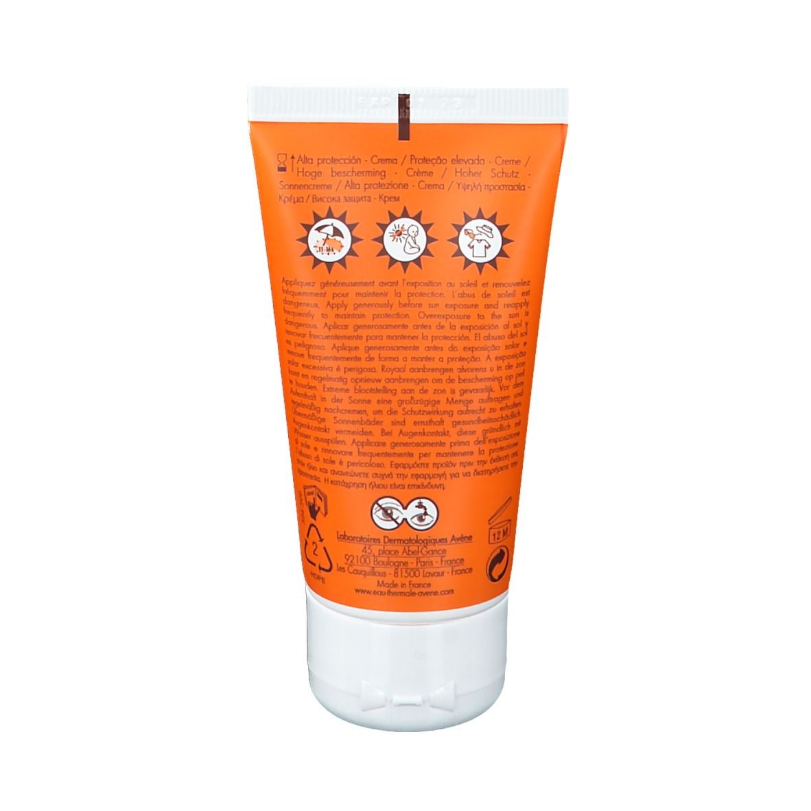 Rückseite der Sonnencreme-Tube. Informationen und Piktogramme. Marke Avene. 50 ml.