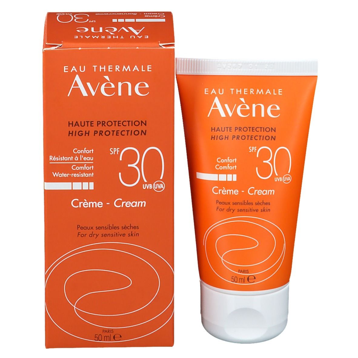 Sonnencreme-Tube und Schachtel. Marke Avene, SPF 30. Creme für trockene, empfindliche Haut. 50 ml.