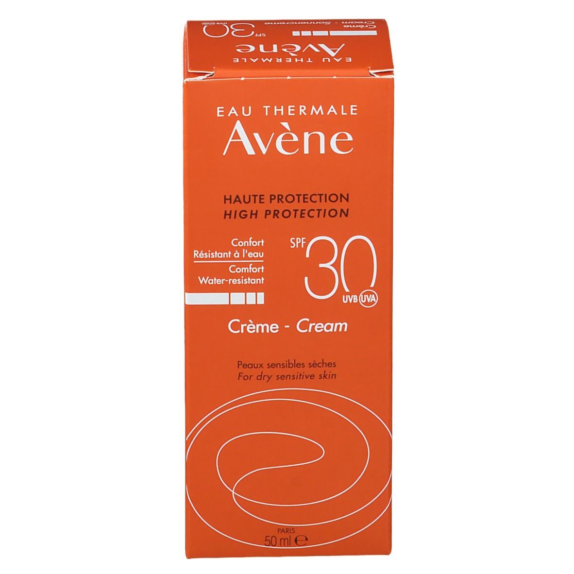 Orangefarbene Schachtel mit Sonnencreme. Marke Avene, SPF 30. Creme für trockene, empfindliche Haut. 50 ml.