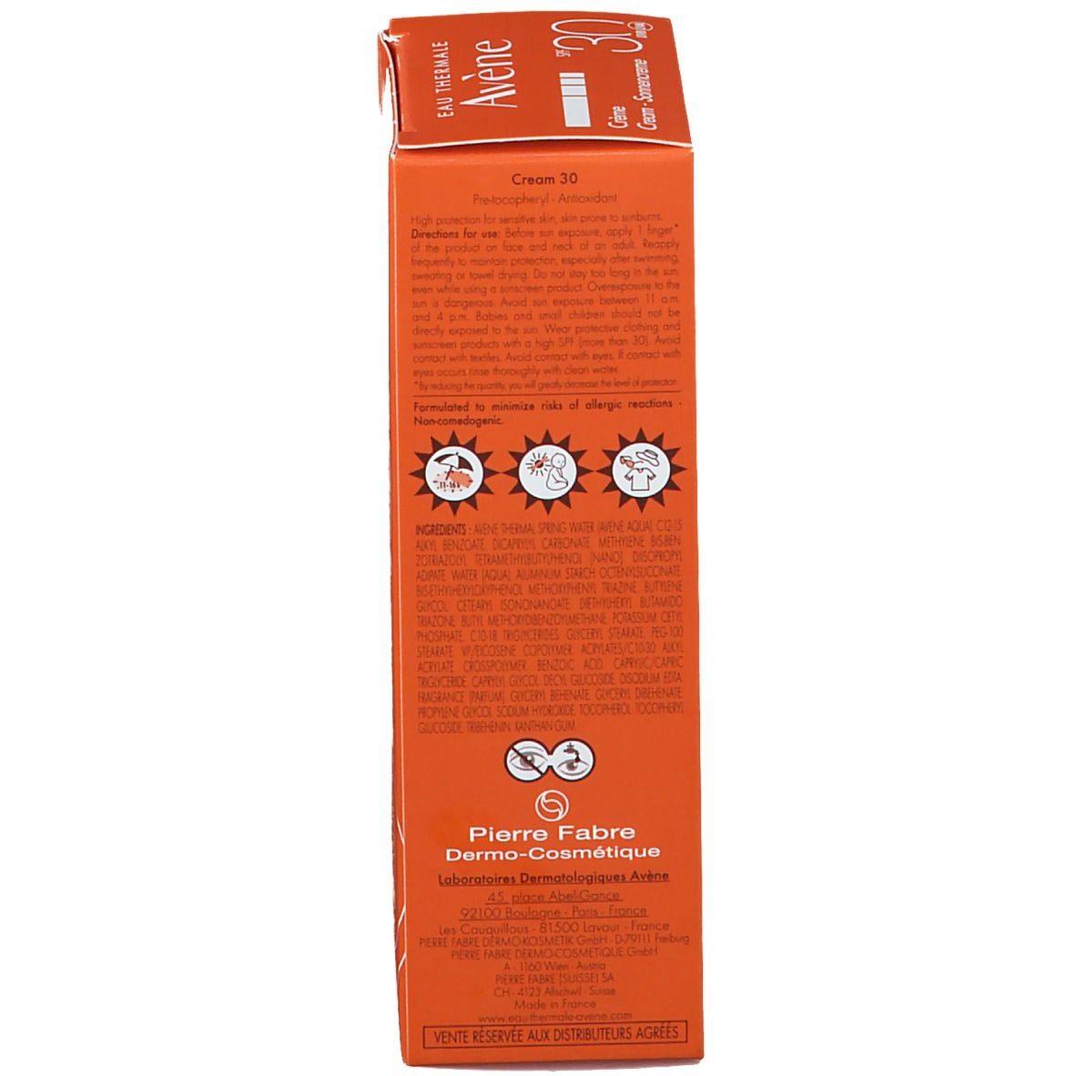 Seite der Sonnencreme-Schachtel. Informationen und Piktogramme. Marke Avene. 50 ml.