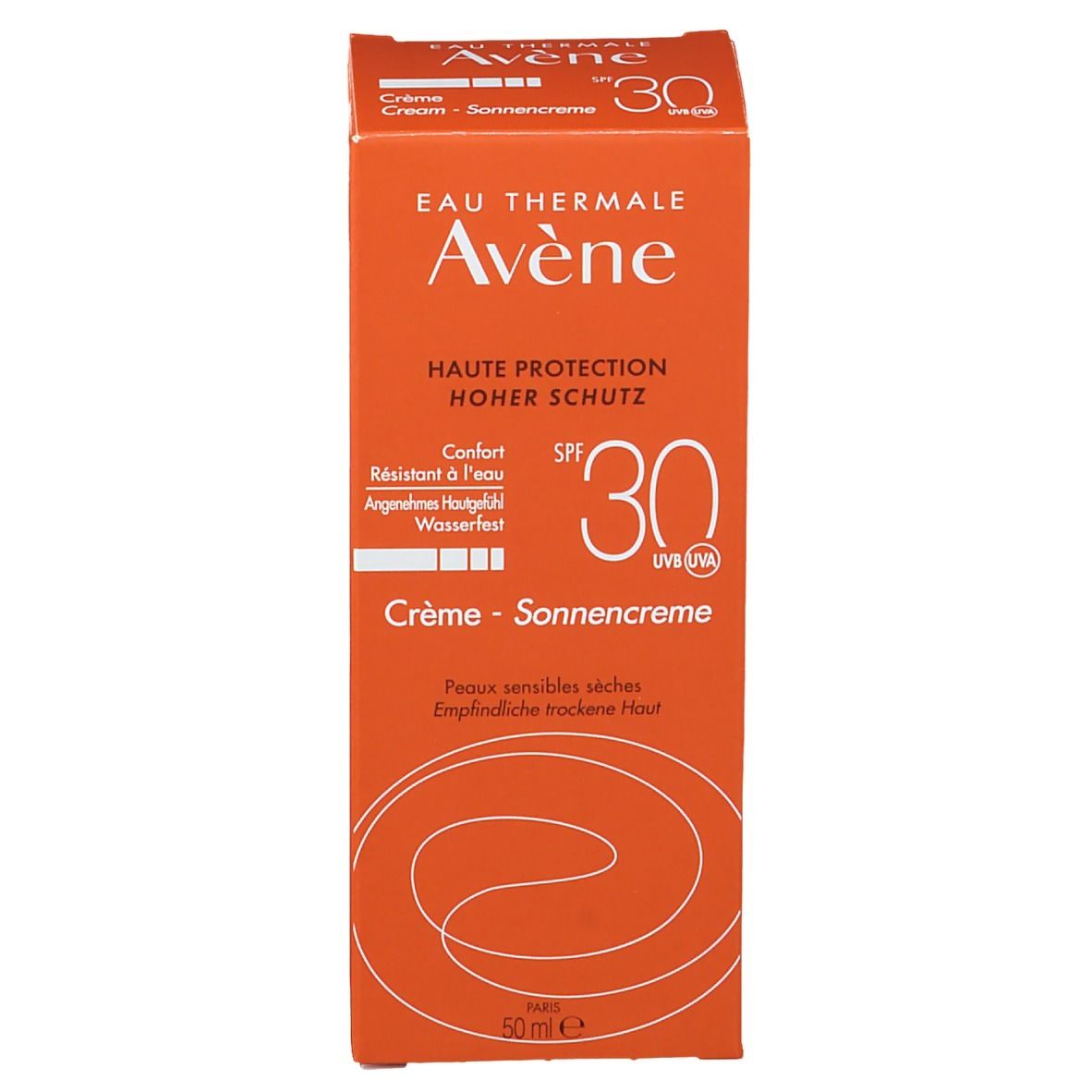 Seite der Sonnencreme-Schachtel. Informationen und Piktogramme. Marke Avene. 50 ml.