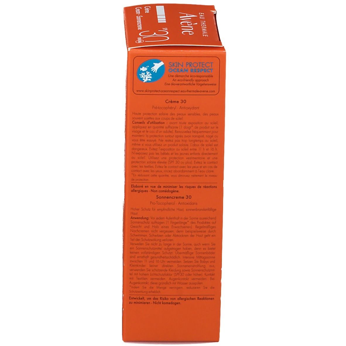Seite der Sonnencreme-Schachtel. Informationen und Piktogramme. Marke Avene. 50 ml.