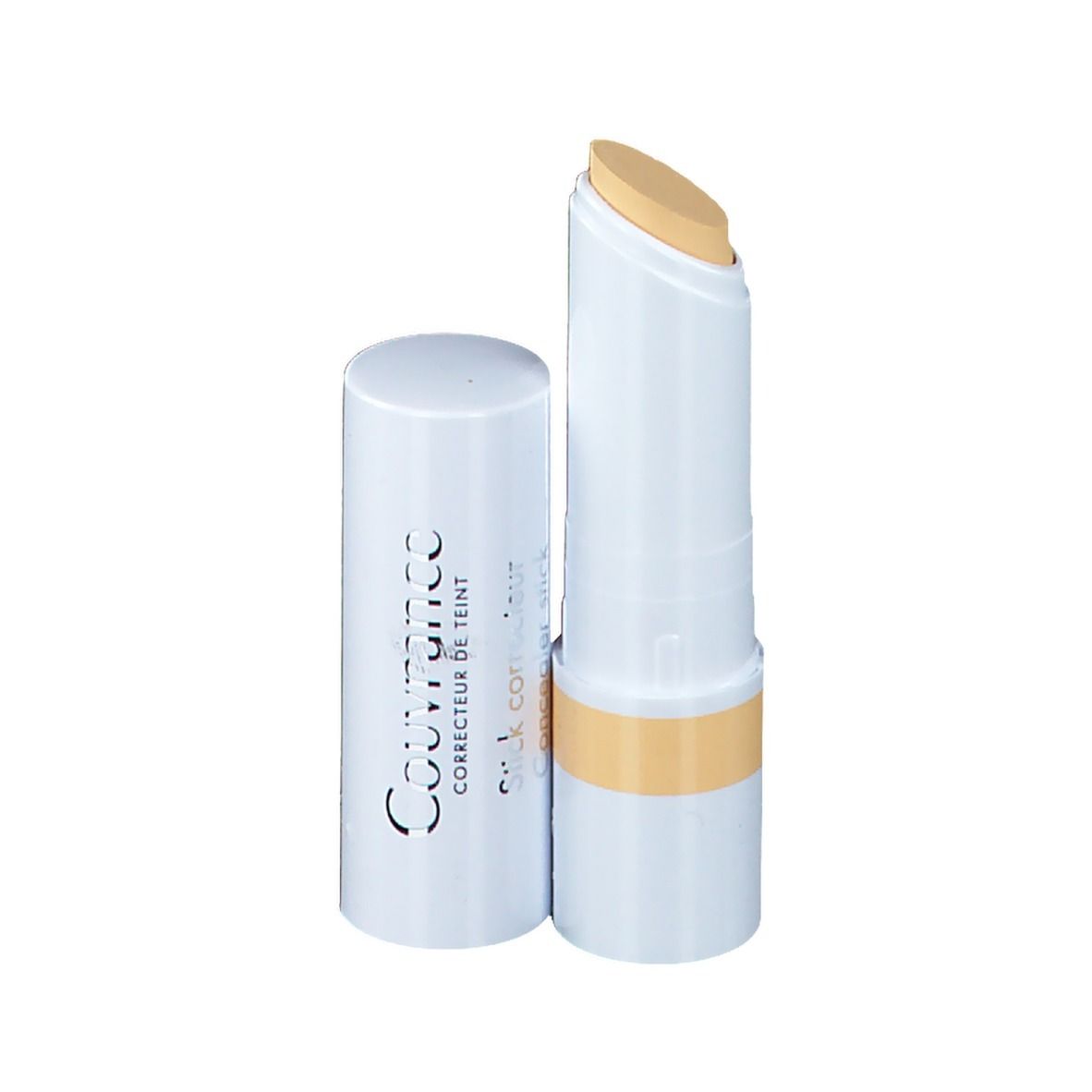 Gelber Concealer-Stick, weißer Stift mit gelbem Produkt. Deckel daneben.