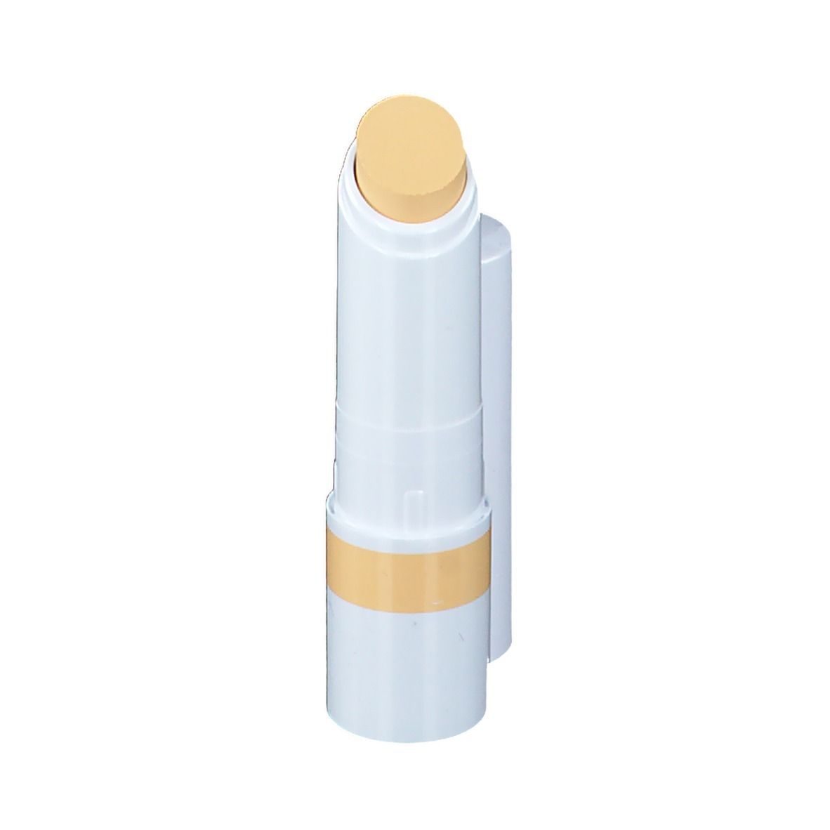 Gelber Concealer-Stick, weißer Stift mit gelbem Produkt. Deckel daneben.